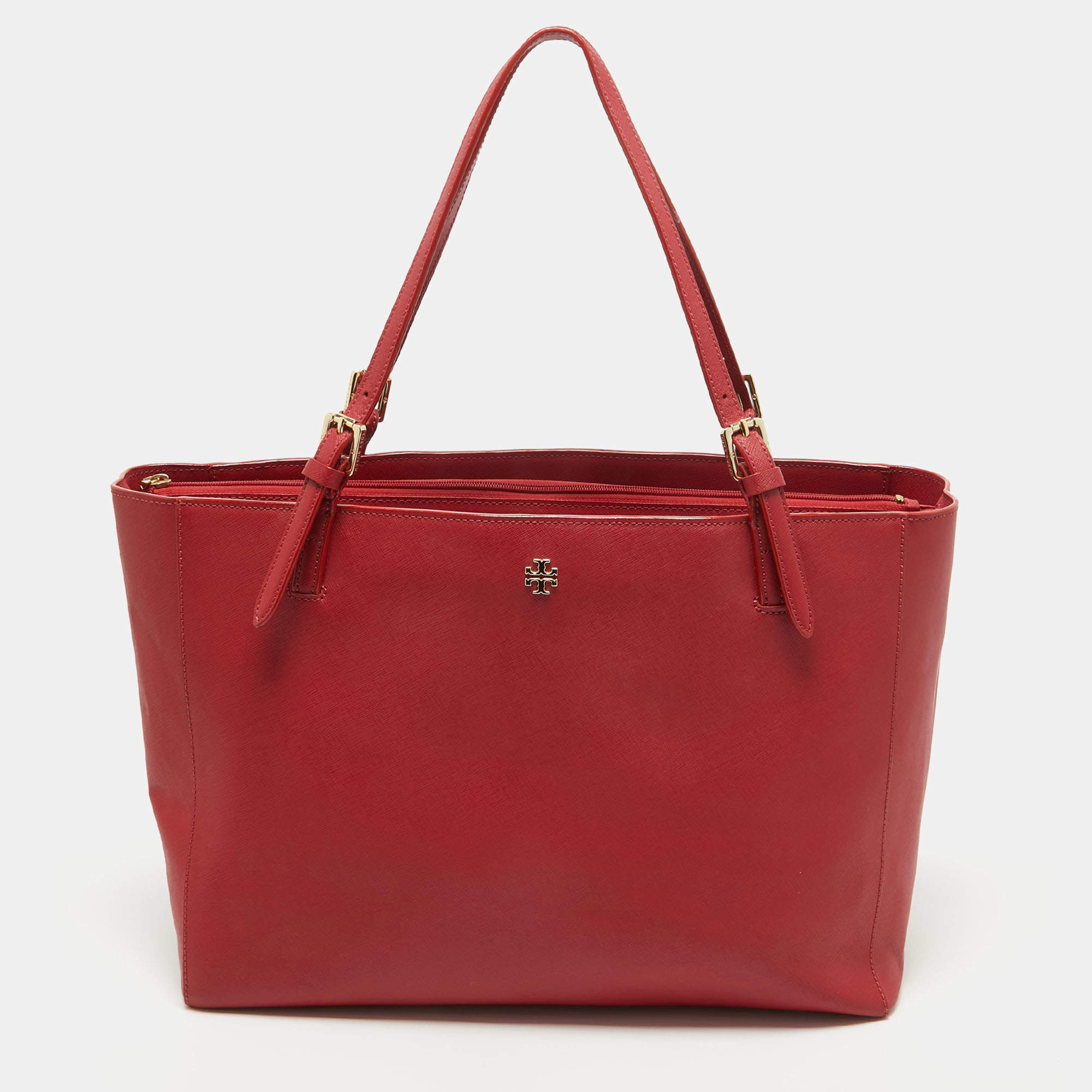 Pre Owned Tory Burch Red Leather Large York Buckle Tote