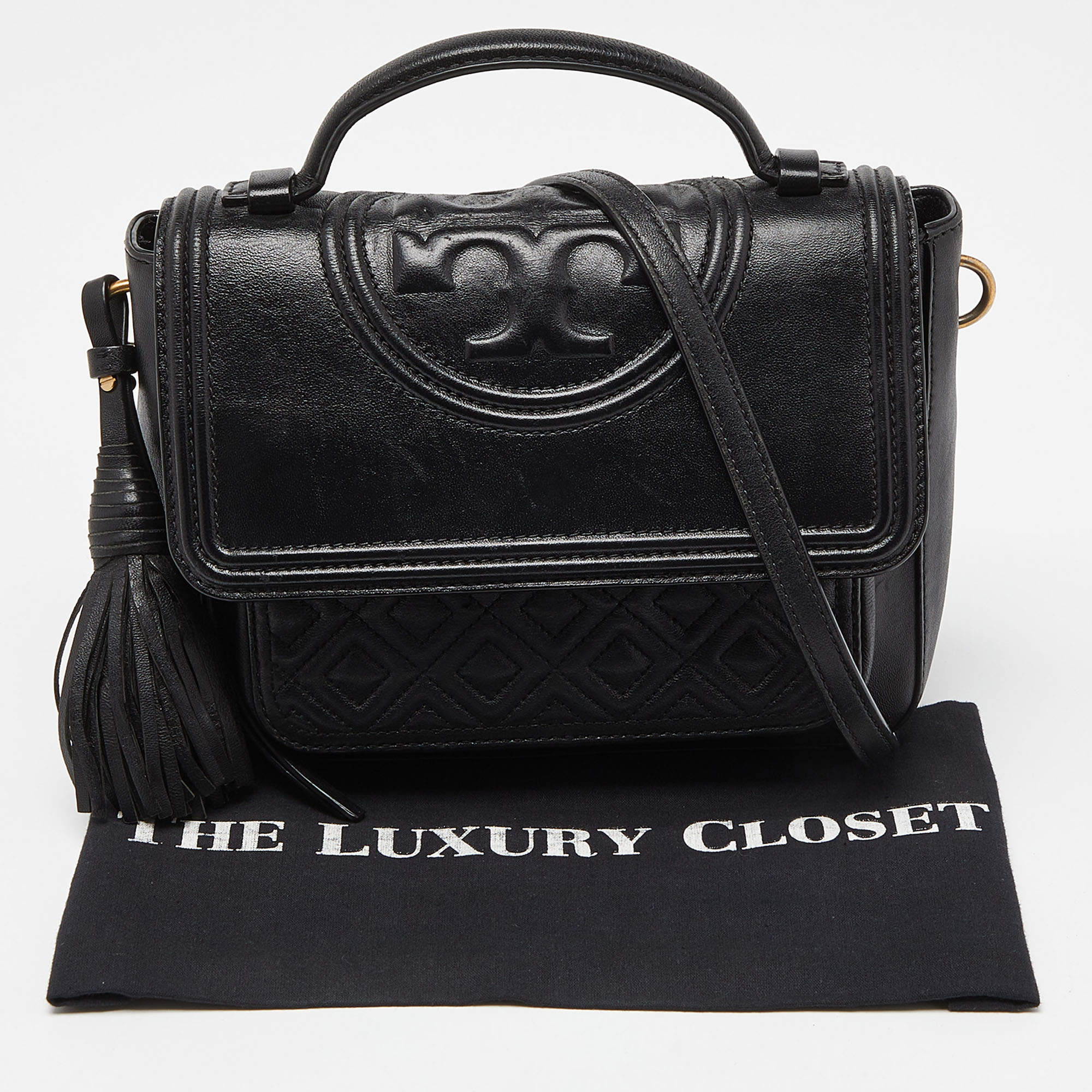 Pre Owned Tory Burch Black Quilted Leather Flap Top Handle Bag