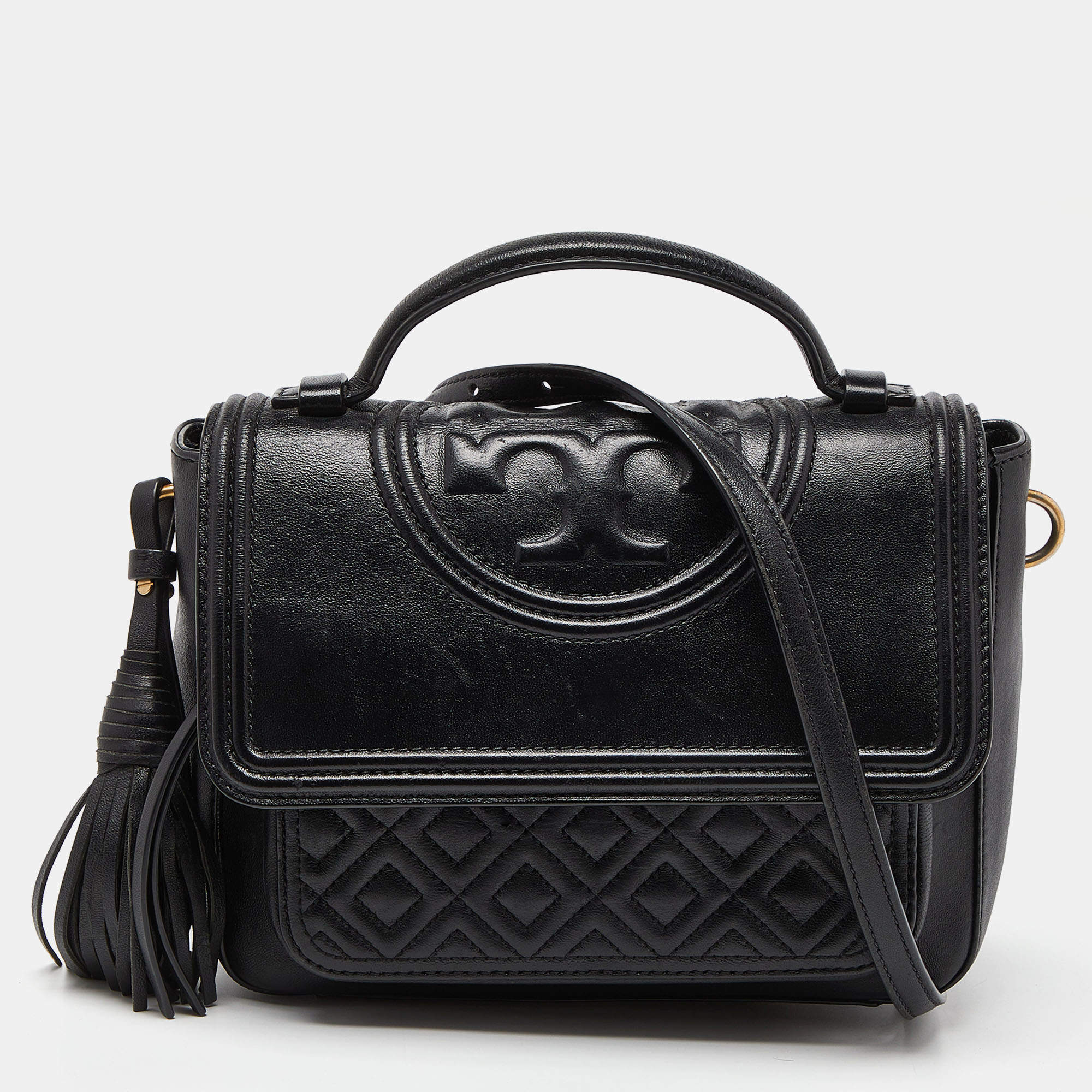 Pre Owned Tory Burch Black Quilted Leather Flap Top Handle Bag