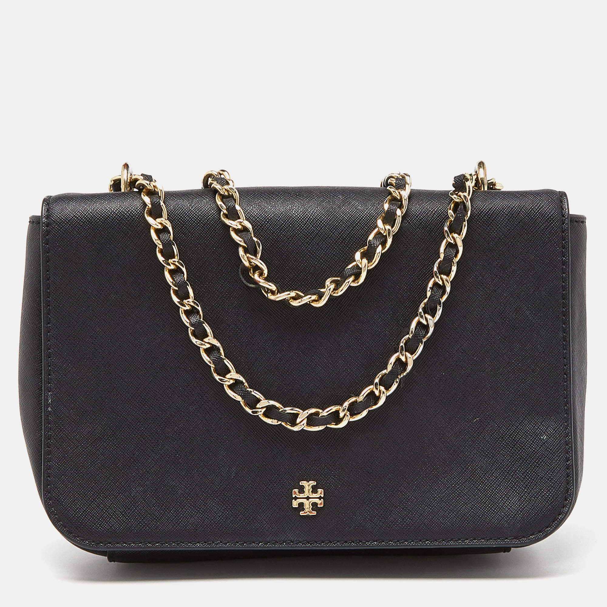 Pre Owned Tory Burch Black Leather Robinson Chain Crossbody Bag
