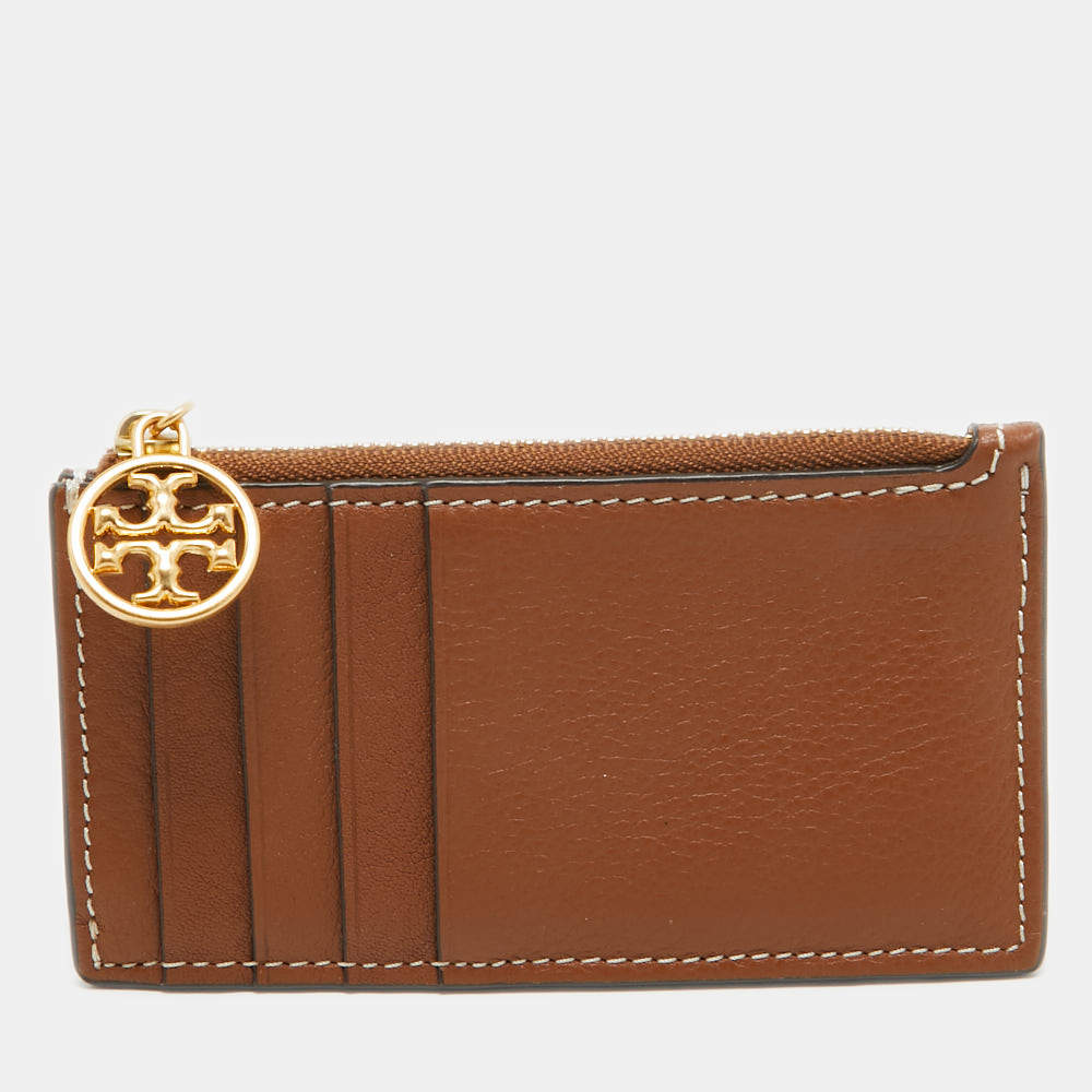 Pre Owned Tory Burch Brown Leather Miller Top Zip Card Case