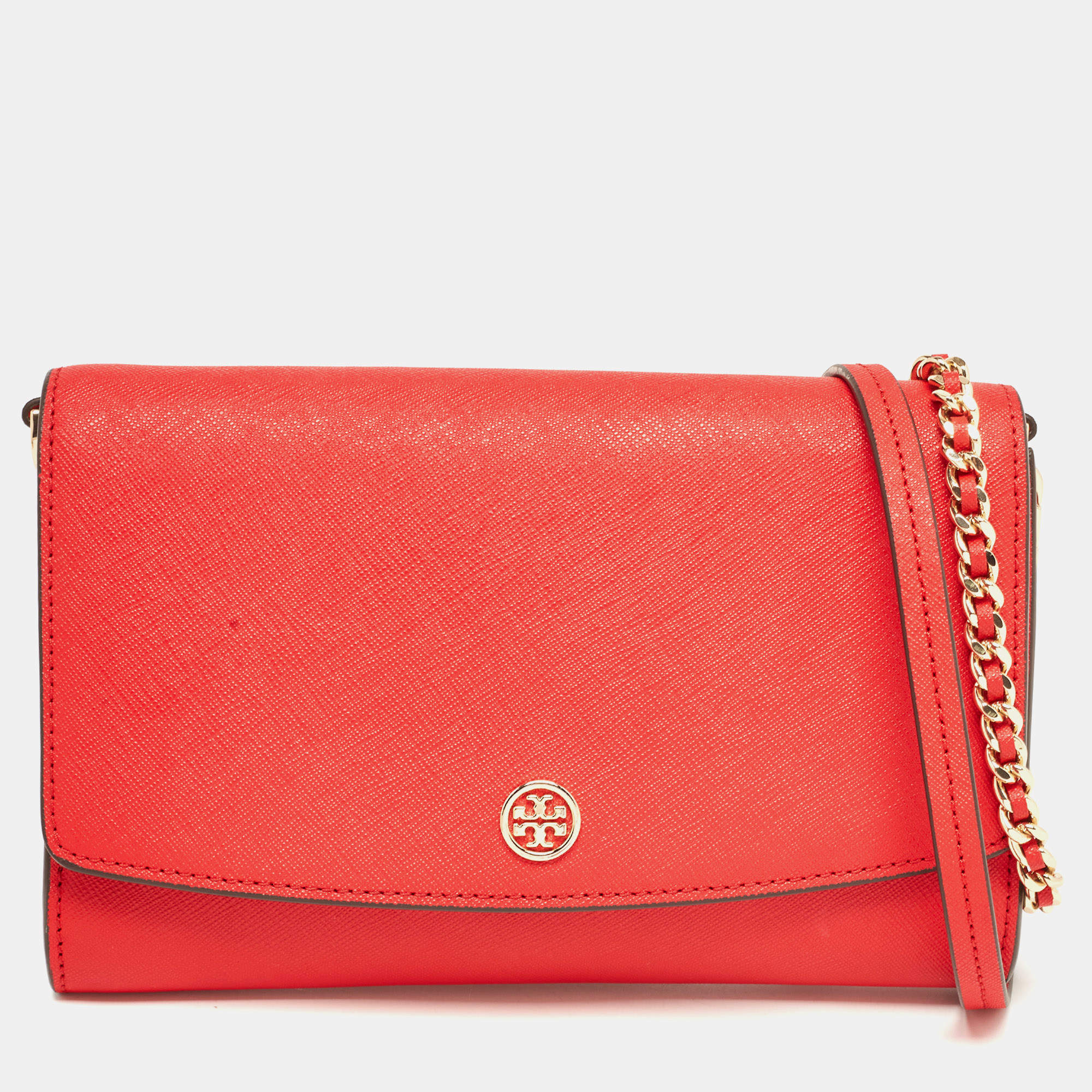 Pre Owned Tory Burch Red Saffiano Leather Robinson Wallet on Chain