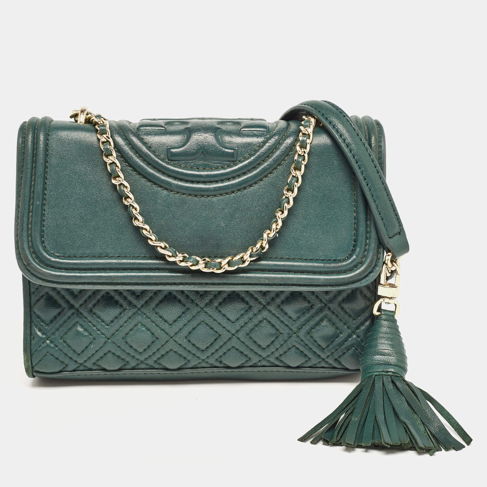Pre Owned Tory Burch Green Leather Small Fleming Shoulder Bag