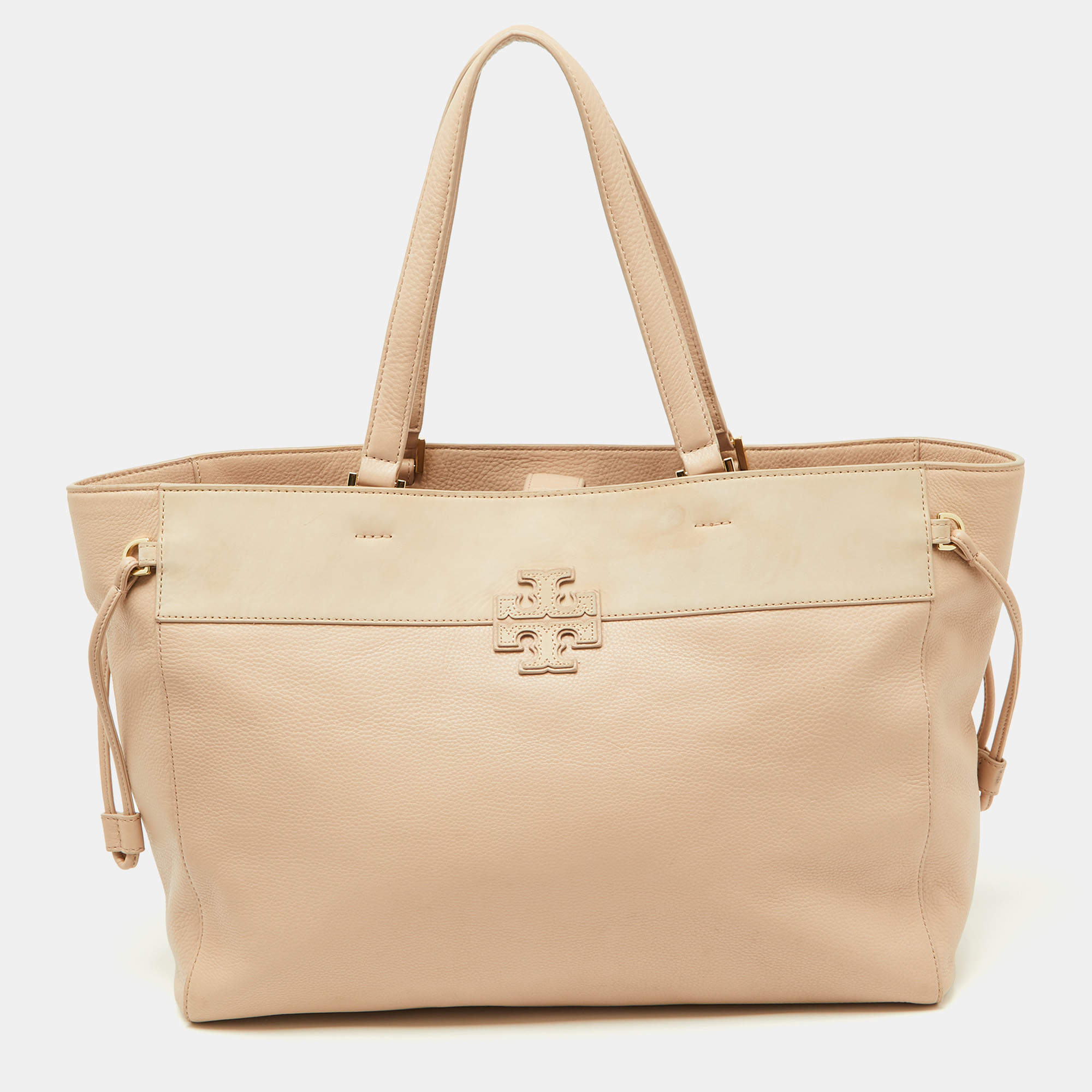 Pre Owned Tory Burch Light Pink/Beige Leather Drawstring Tote