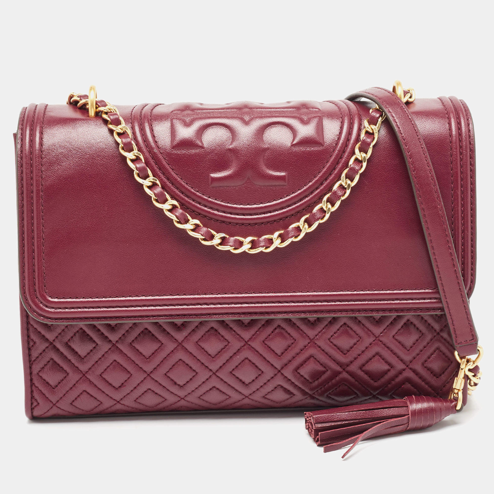 Pre Owned Tory Burch Burgundy Leather Fleming Crossbody Bag