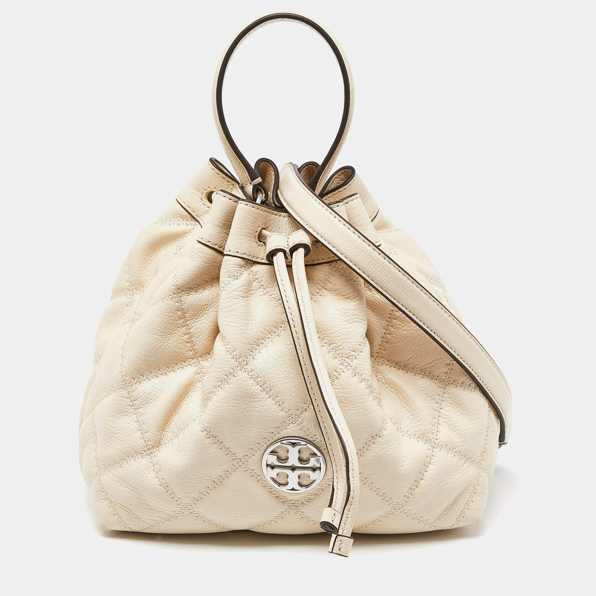 Tory Burch Cream Quilted Leather Willa Drawstring Bucket Bag