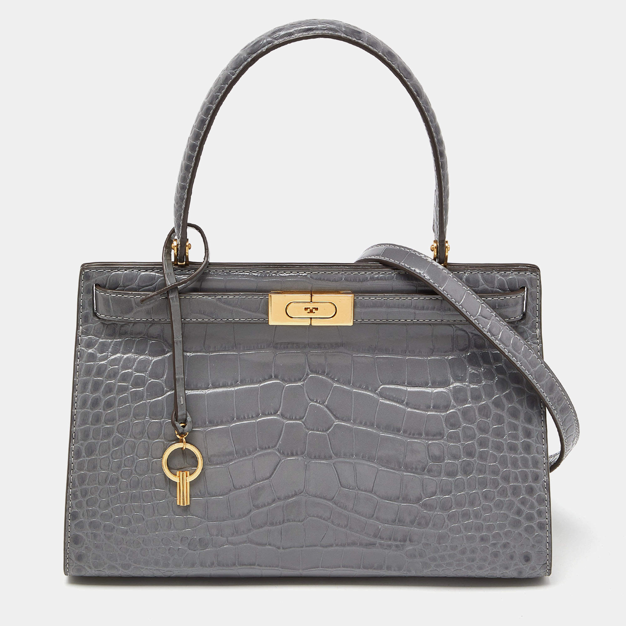 Tory Burch Grey Croc Embossed Leather Small Lee Radziwill
