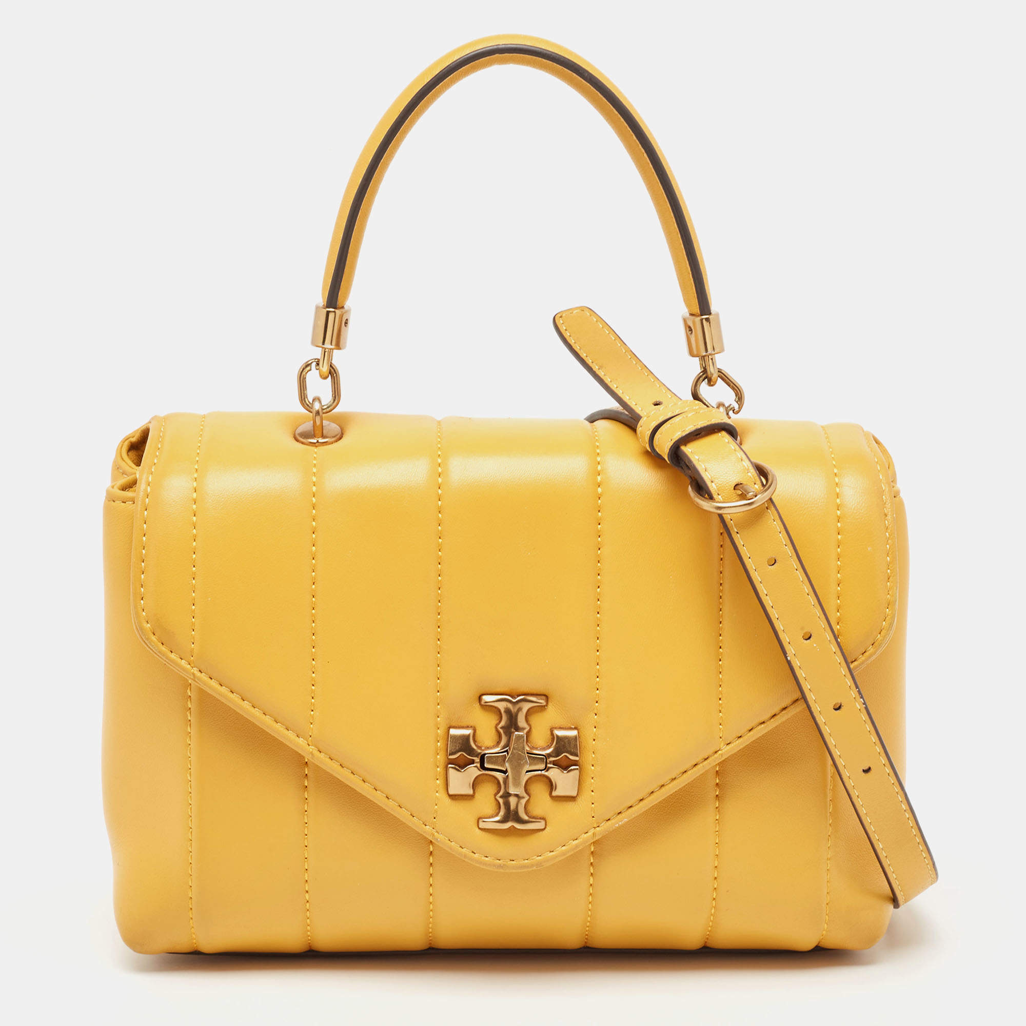 Pre Owned Tory Burch Yellow Quilted Leather Kira Top Handle Bag