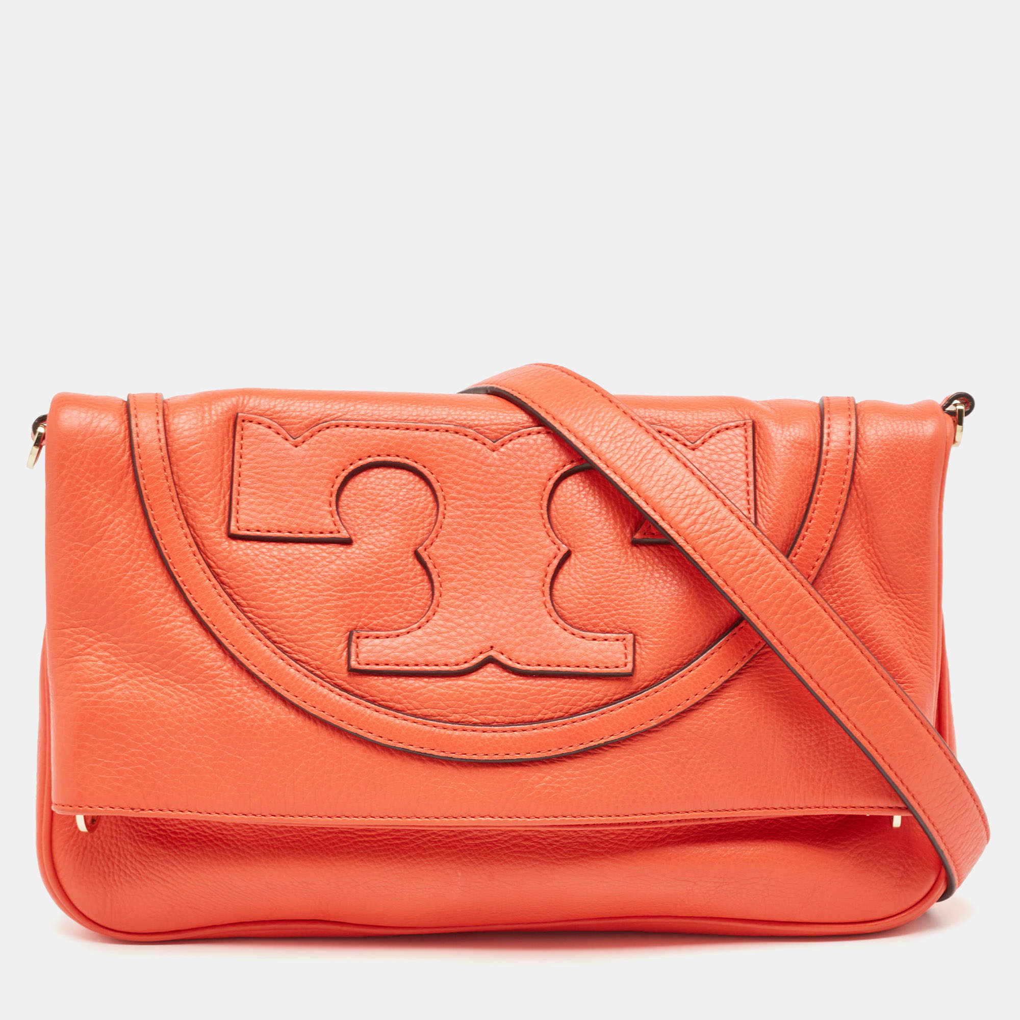 Pre Owned Tory Burch Orange Leather Fold Over Shoulder Bag
