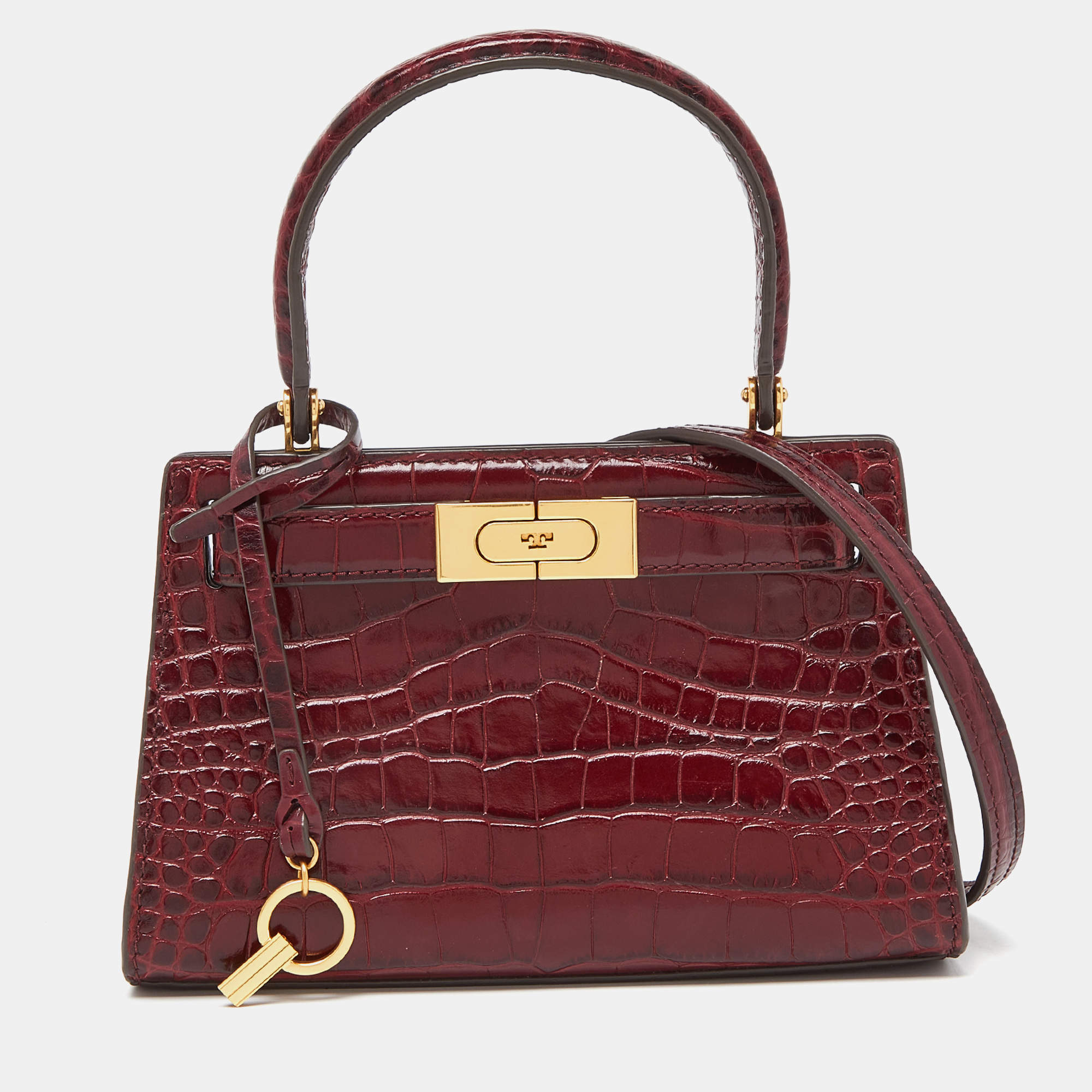 Pre Owned Tory Burch Red Croc Embossed Leather Petite Lee Radziwill Top Handle Bag