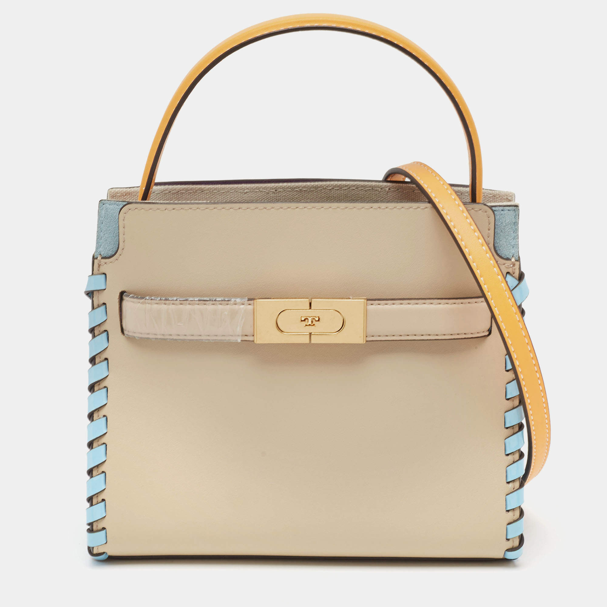 Pre Owned Tory Burch Tricolor Whipstitch Leather Lee Radziwill Double Top Handle Bag