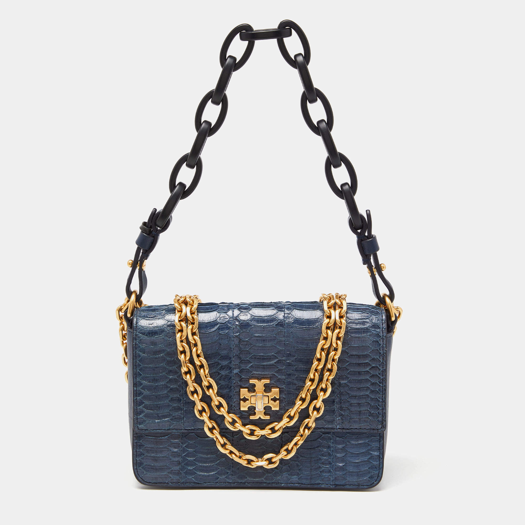 Pre Owned Tory Burch Blue Snakeskin and Lather Kira Envelope Flap Shoulder Bag