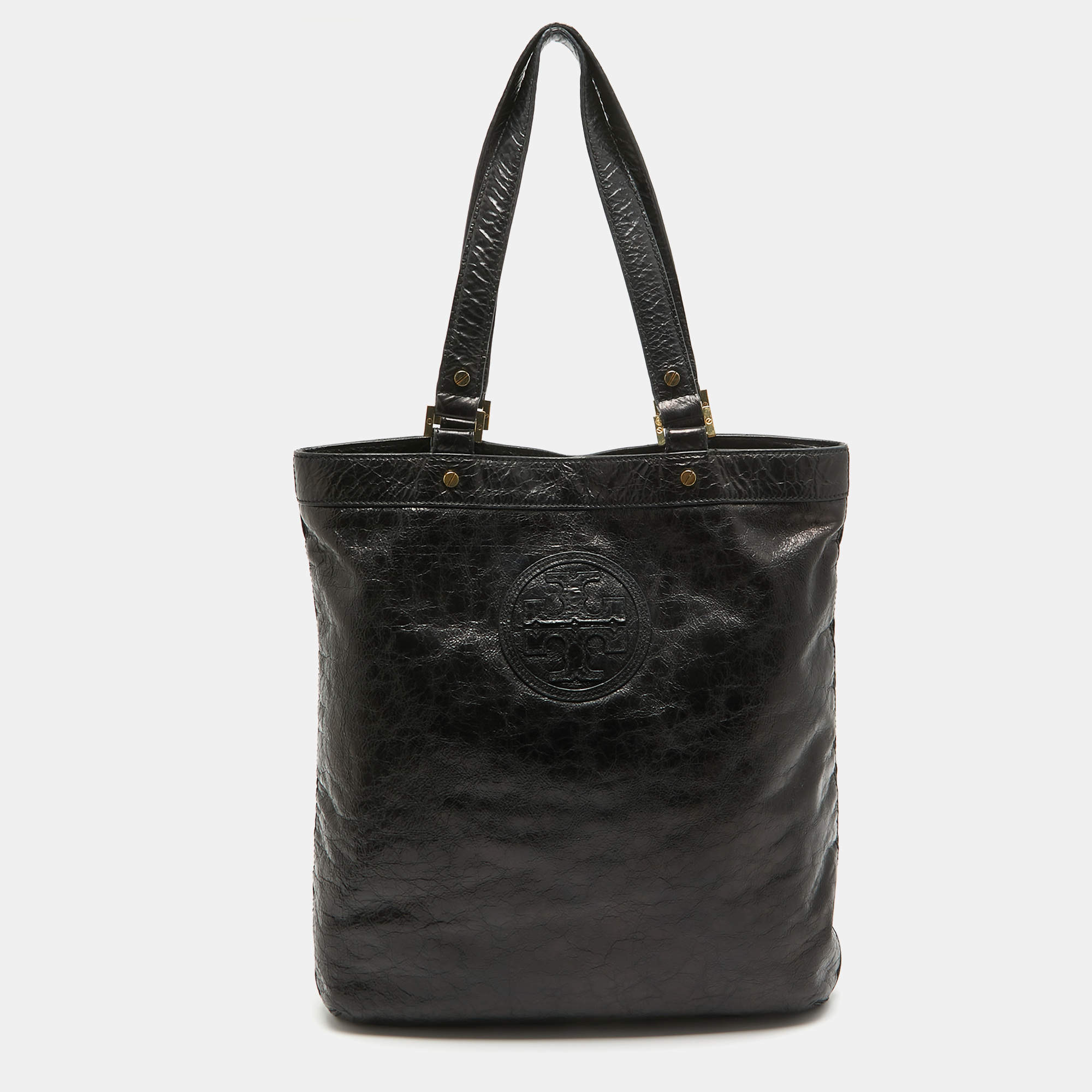 Tory Burch Black Crinkled Patent Leather Embossed Tote