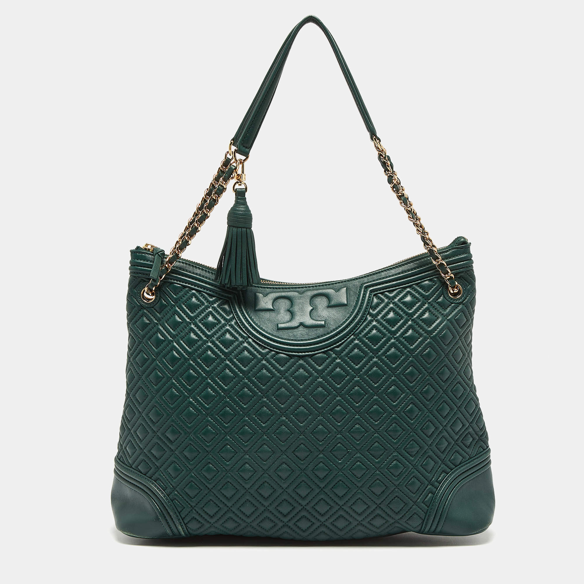 Pre Owned Tory Burch Green Leather Fleming Top Zip Shoulder Bag