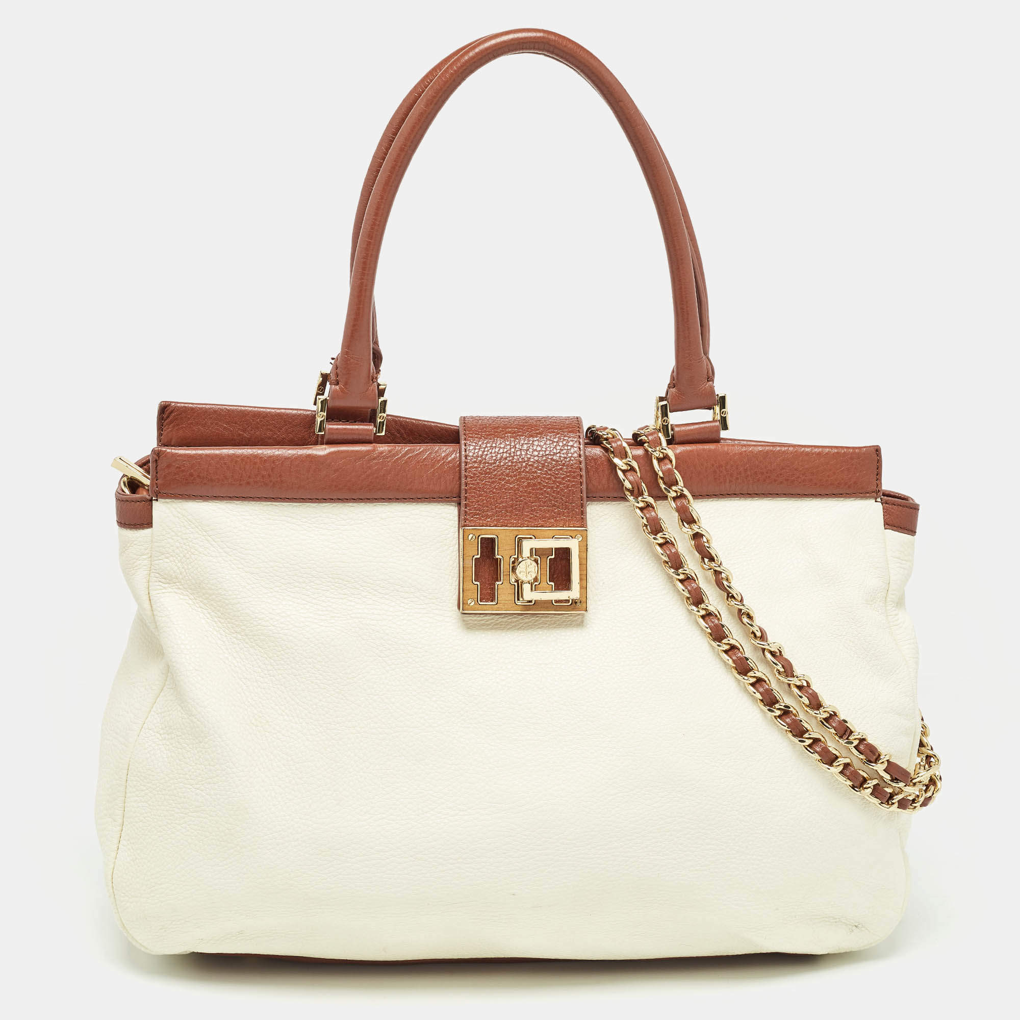 Pre Owned Tory Burch Cream/Brown Leather Tote