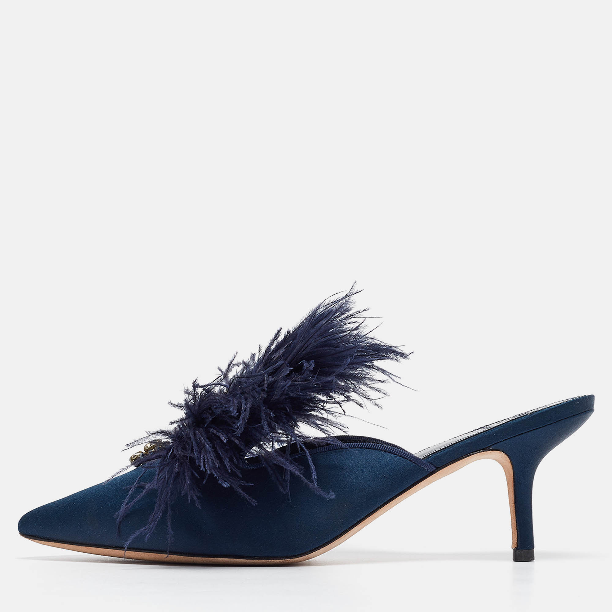 Tory Burch Navy Blue Satin and Fur Elodie Mules Size 40