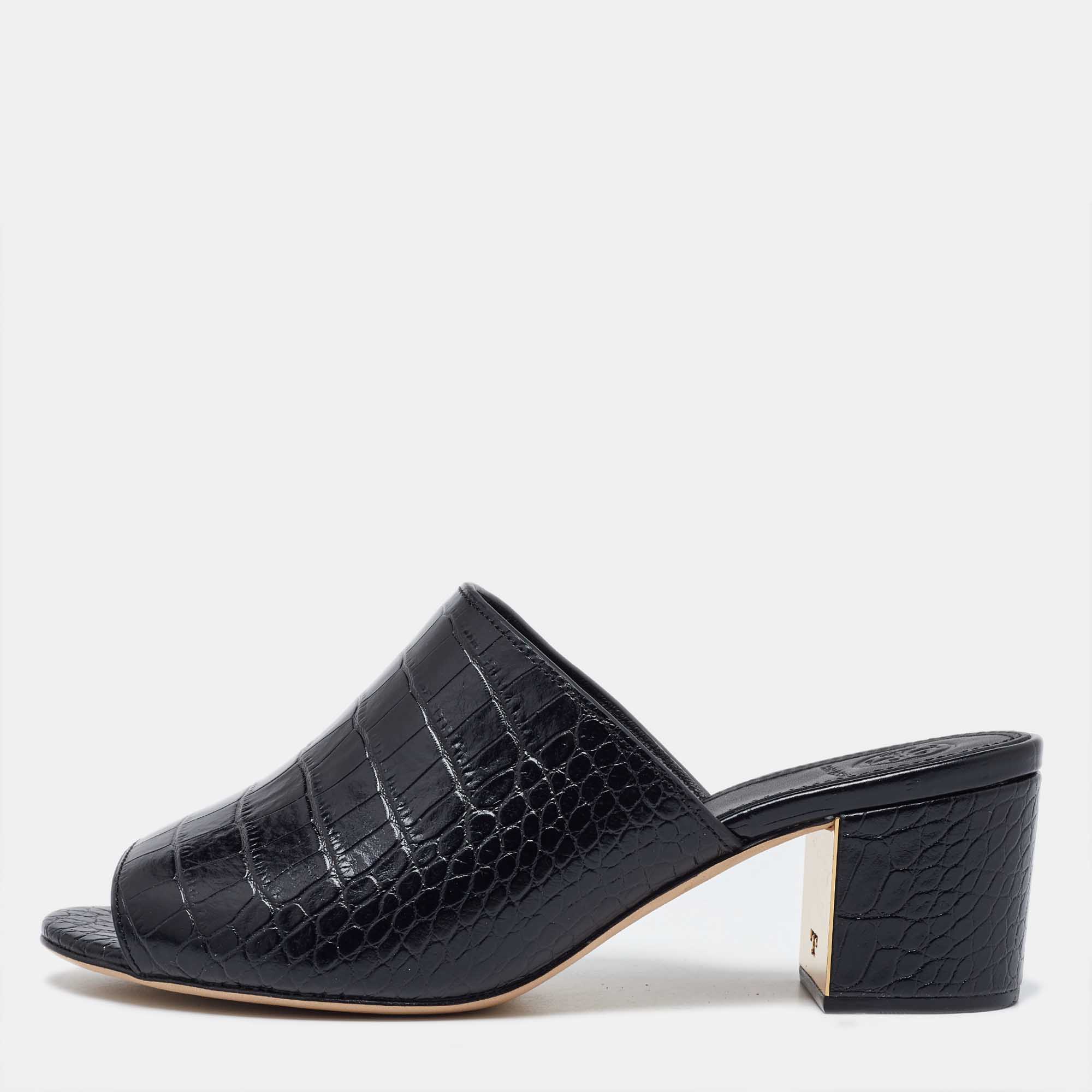 Tory Burch Black Croc Embossed Leather Mules Size 38