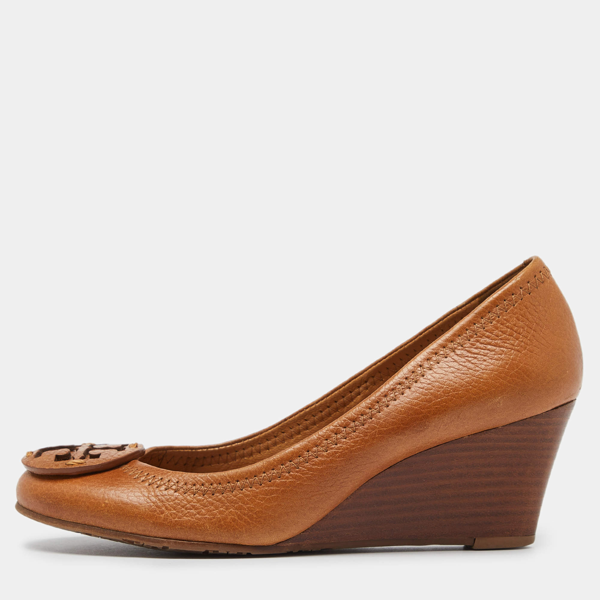 Pre Owned Tory Burch Brown Leather Sally Wedge Pumps Size 37