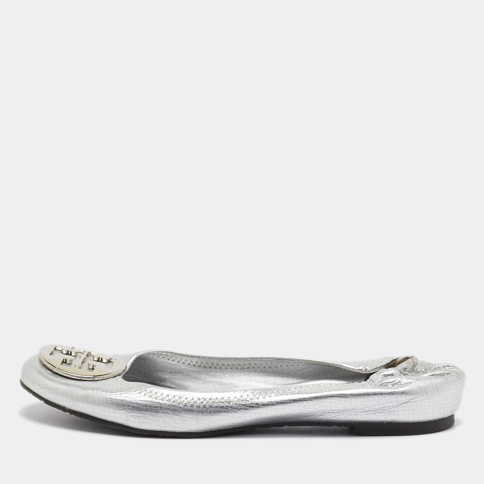 Pre Owned Tory Burch Silver Leather Ballet Flats Size 39.5