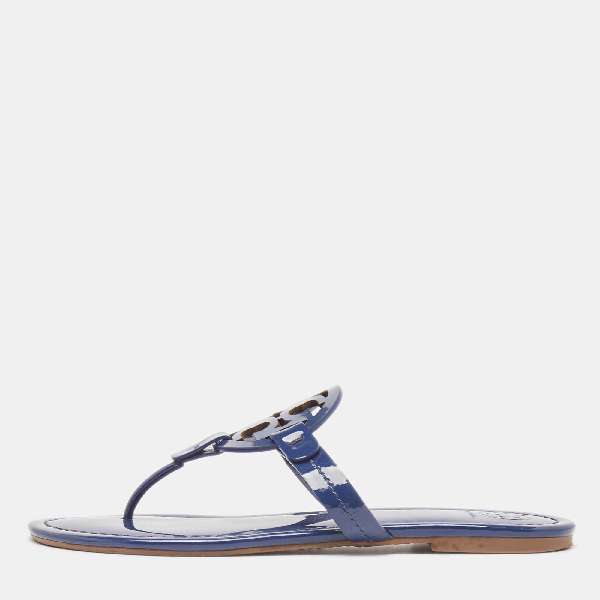 Pre Owned Tory Burch Blue Patent Leather Miller Thong Flats Size 39