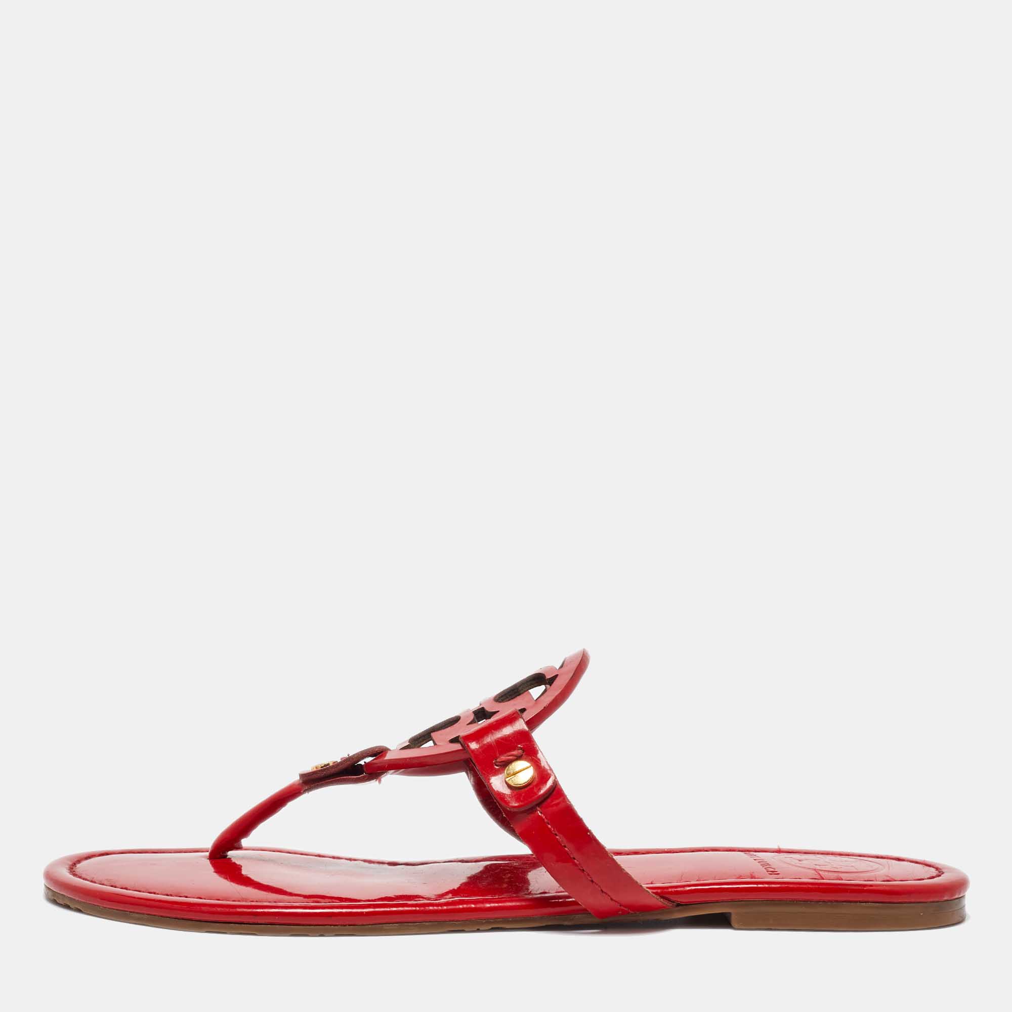 Pre Owned Tory Burch Red Patent Leather Miller Thong Flat Sandals Size 38