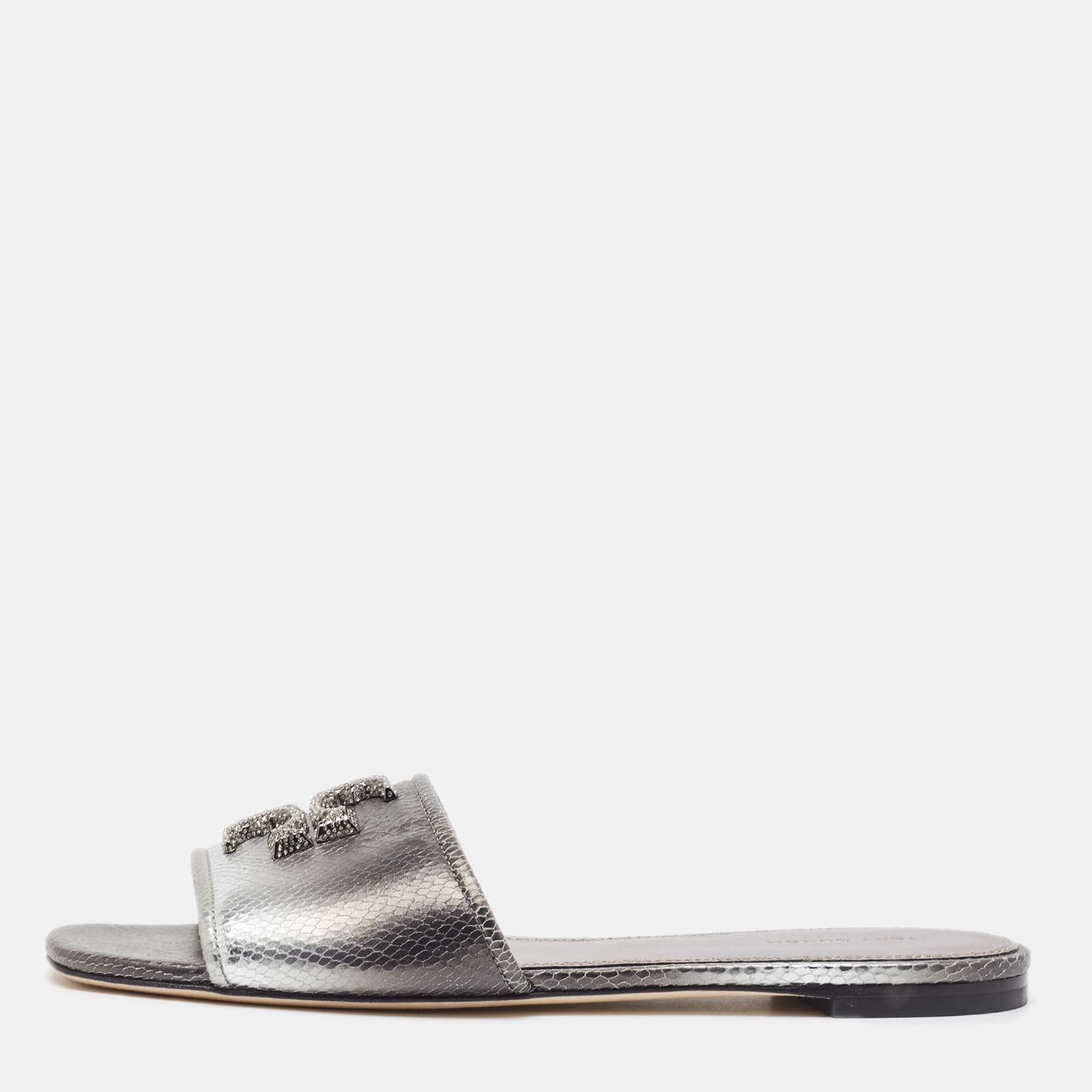 Pre Owned Tory Burch Ombre Grey Snakeskin Embossed Leather Eleanor Crystals Slide Flats Size 39