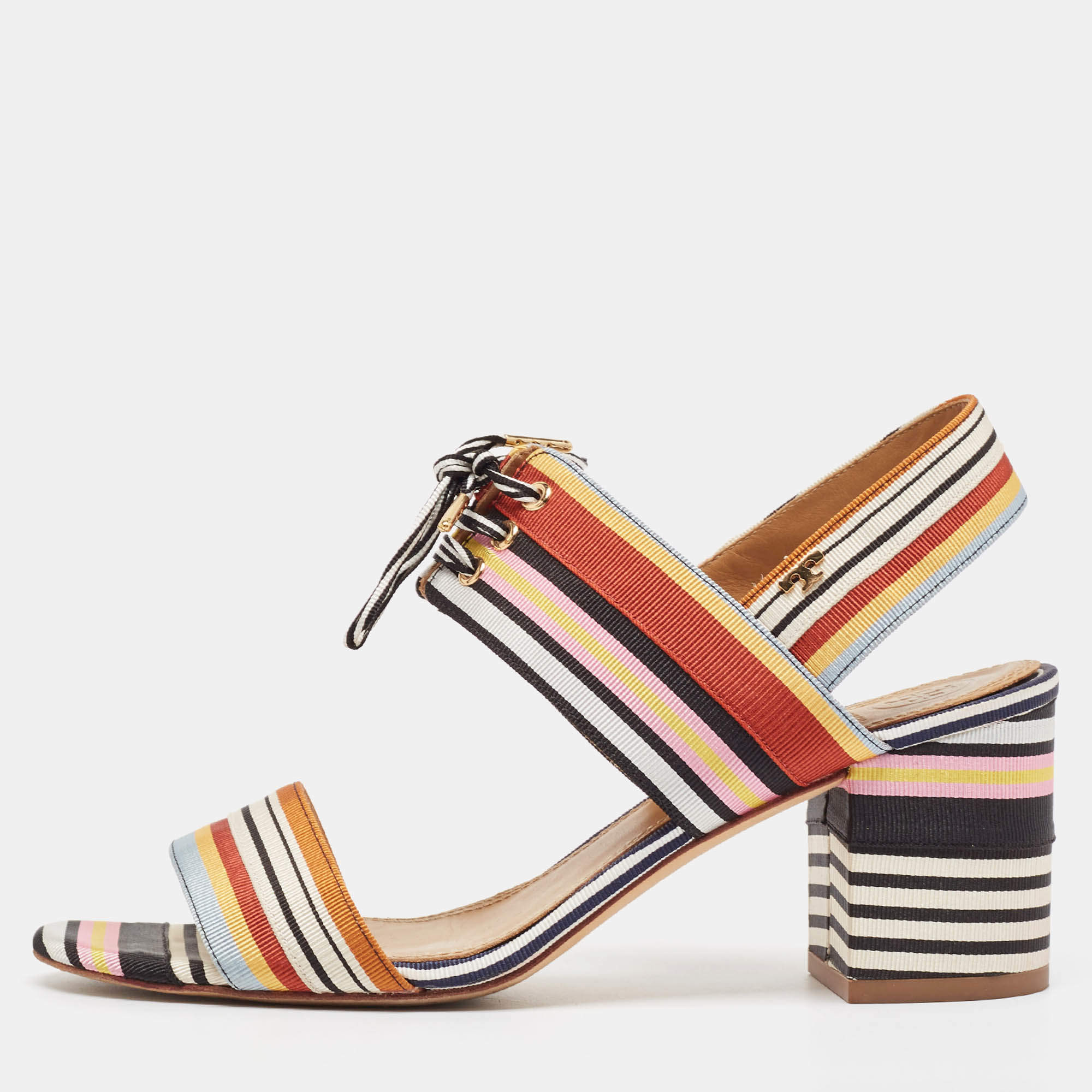Pre Owned Tory Burch Multicolor Striped Fabric Ankle Strap Sandals Size 39