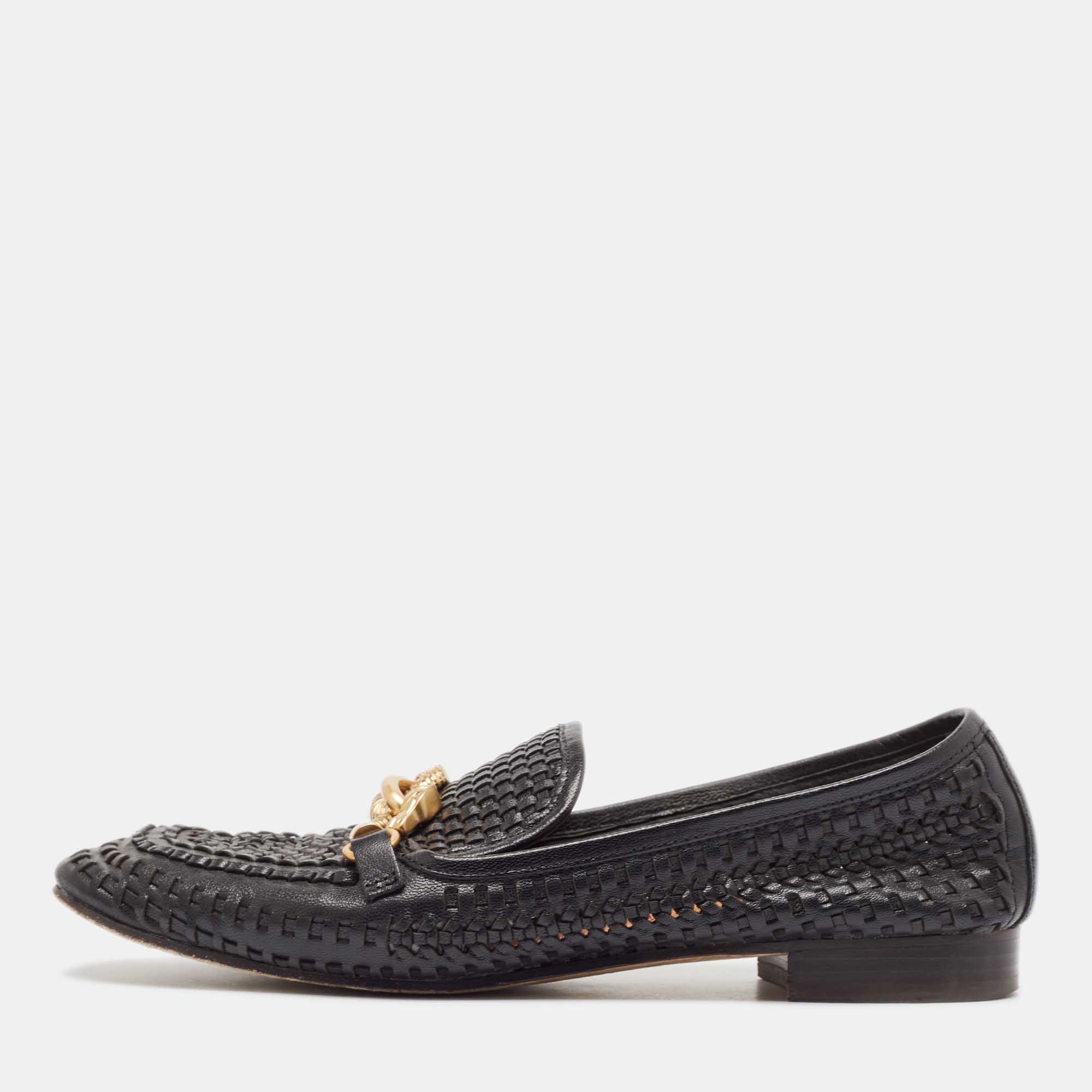 Tory Burch Black Woven Leather Jessa Loafers Size 38.5