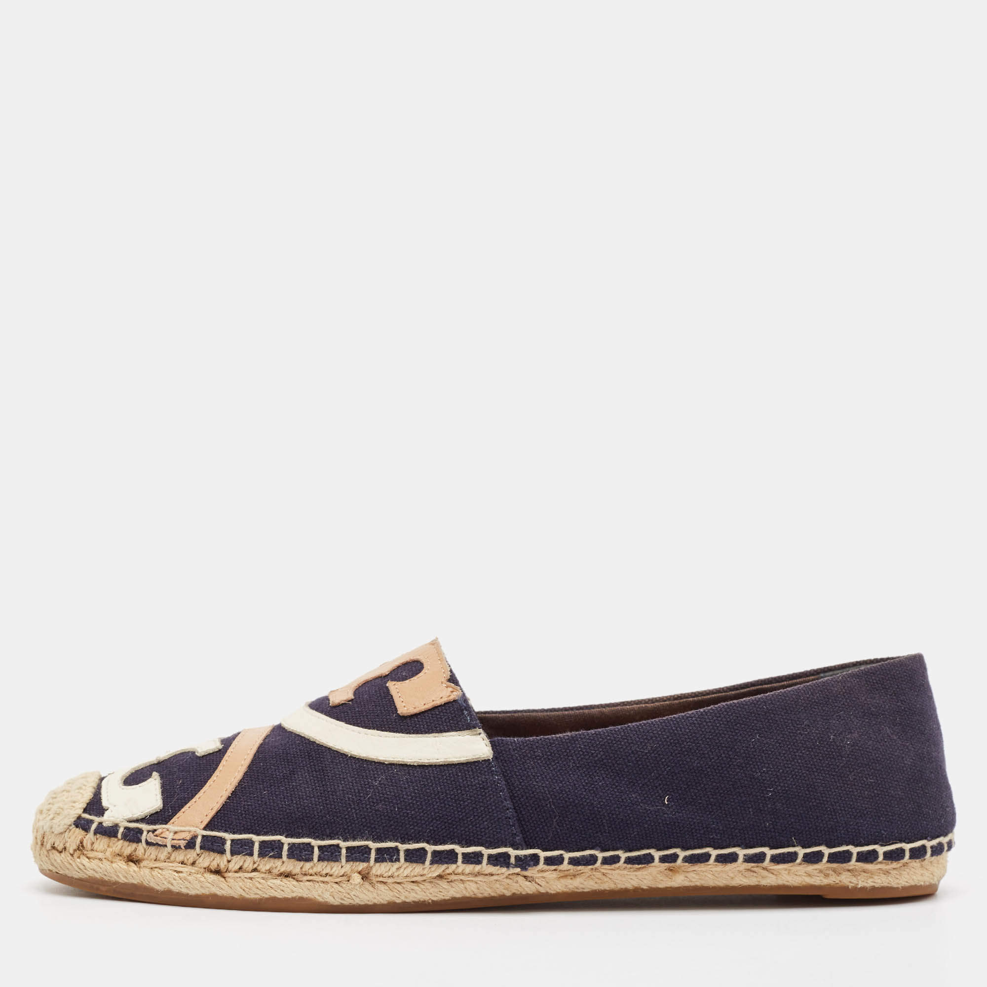 Pre Owned Tory Burch Navy Blue Canvas Poppy Espadrille Flats Size 40