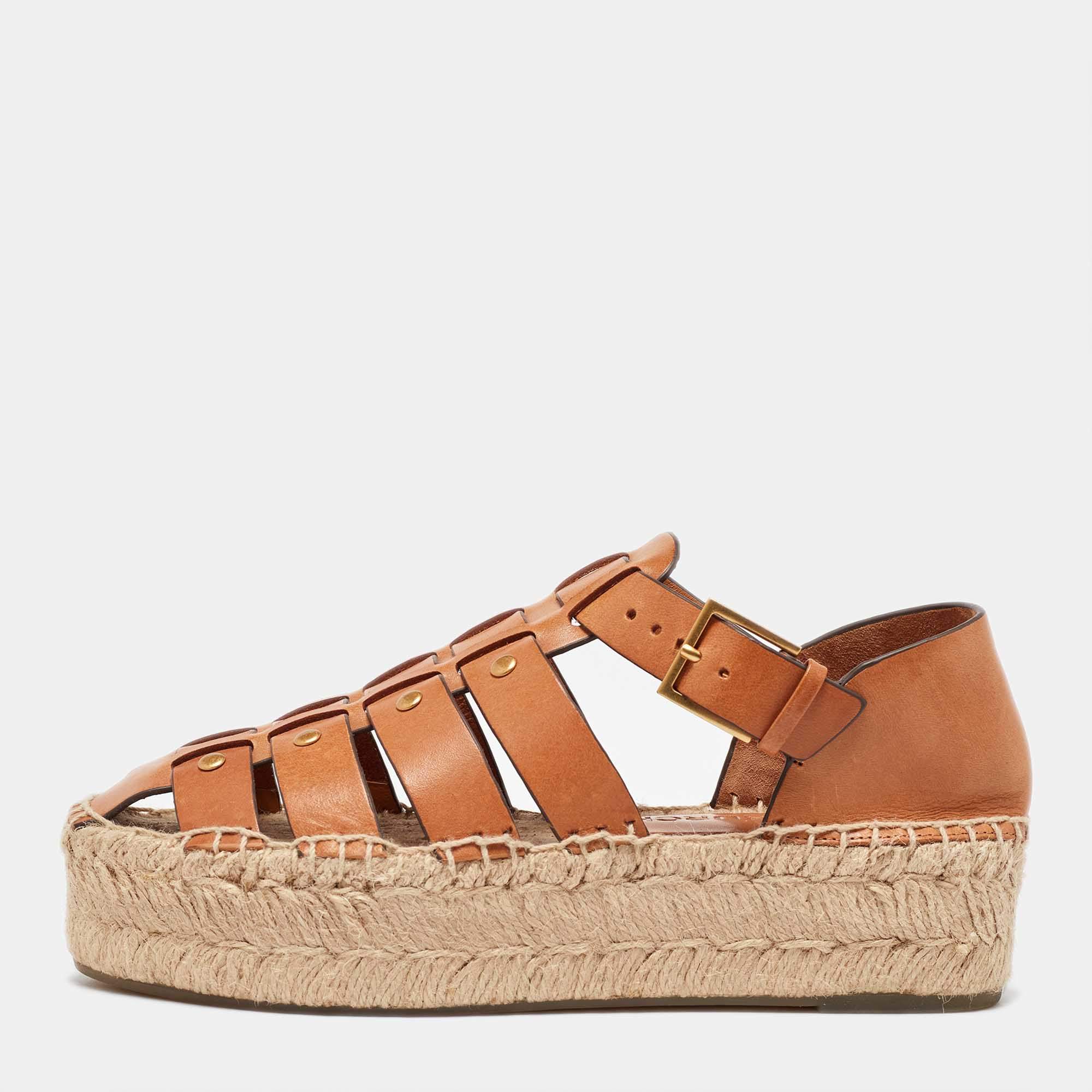 Pre Owned Tory Burch Brown Leather Espadrille Sandals Size 35.5