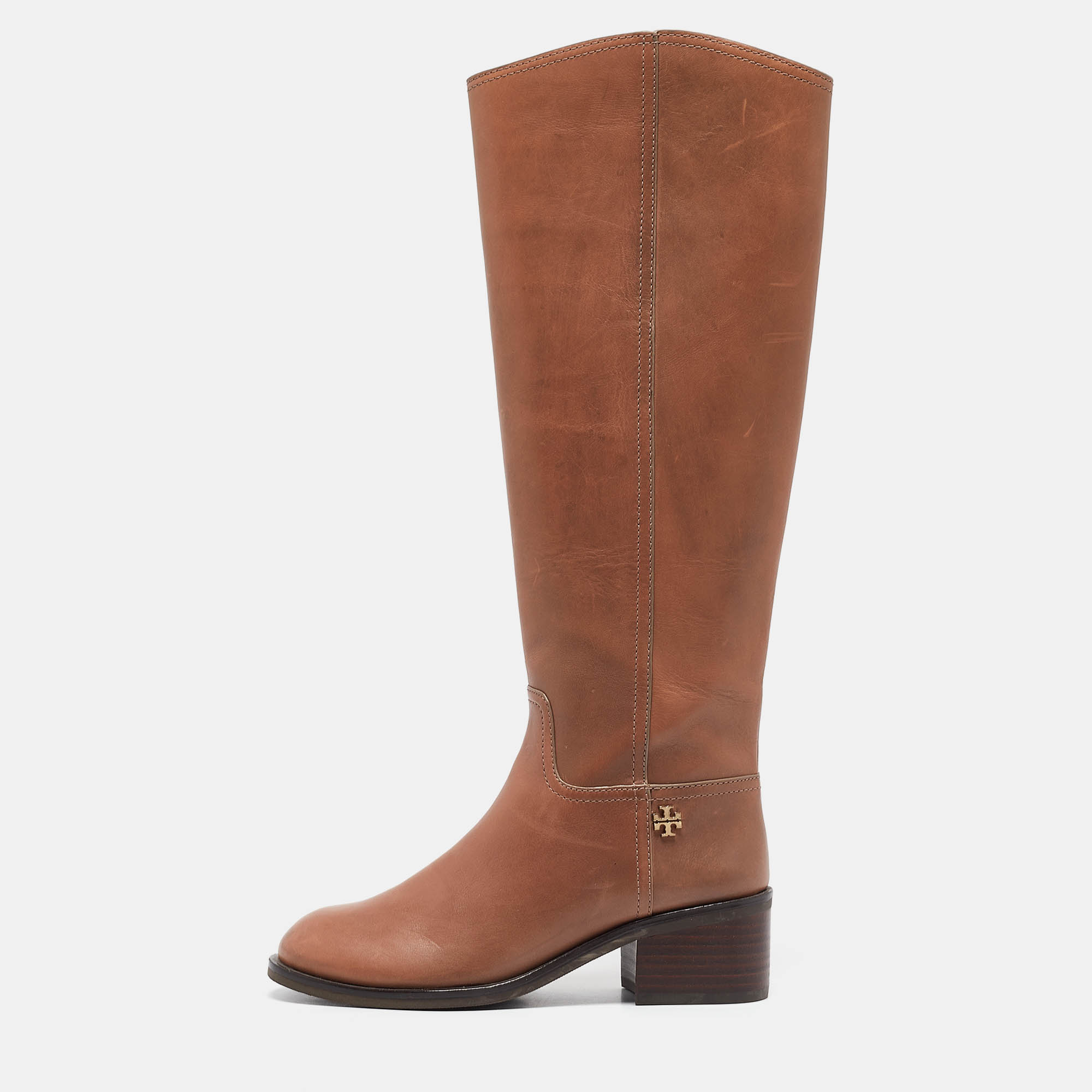 Pre Owned Tory Burch Brown Leather Knee Length Boots Size 37.5