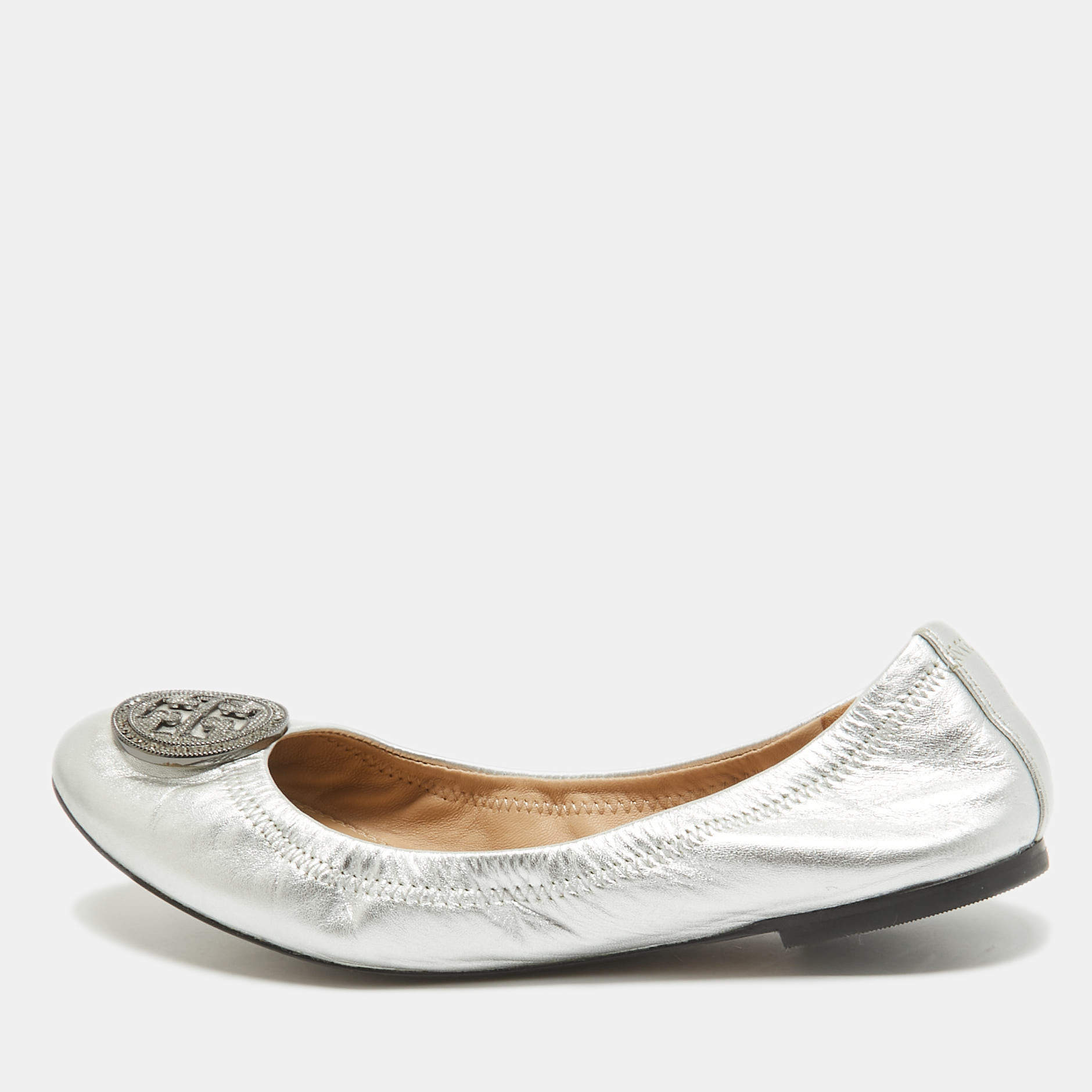 Pre Owned Tory Burch Silver Leather Reva Crystals Ballet Flats Size 37.5