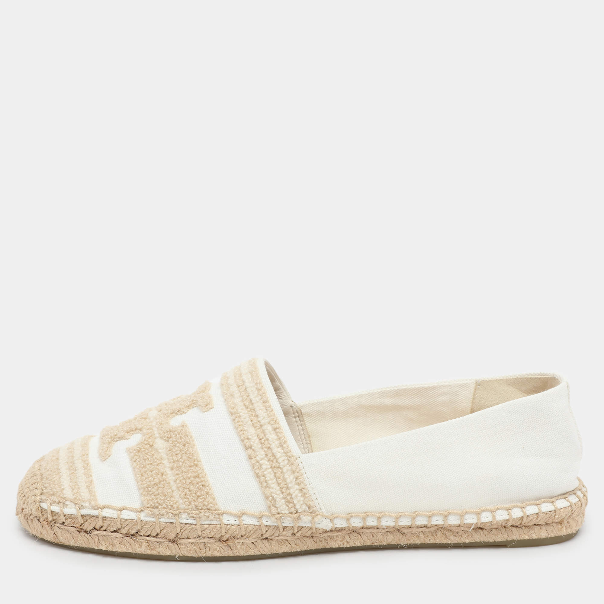 Pre Owned Tory Burch White Canvas Espadrille Flats Size 36.5