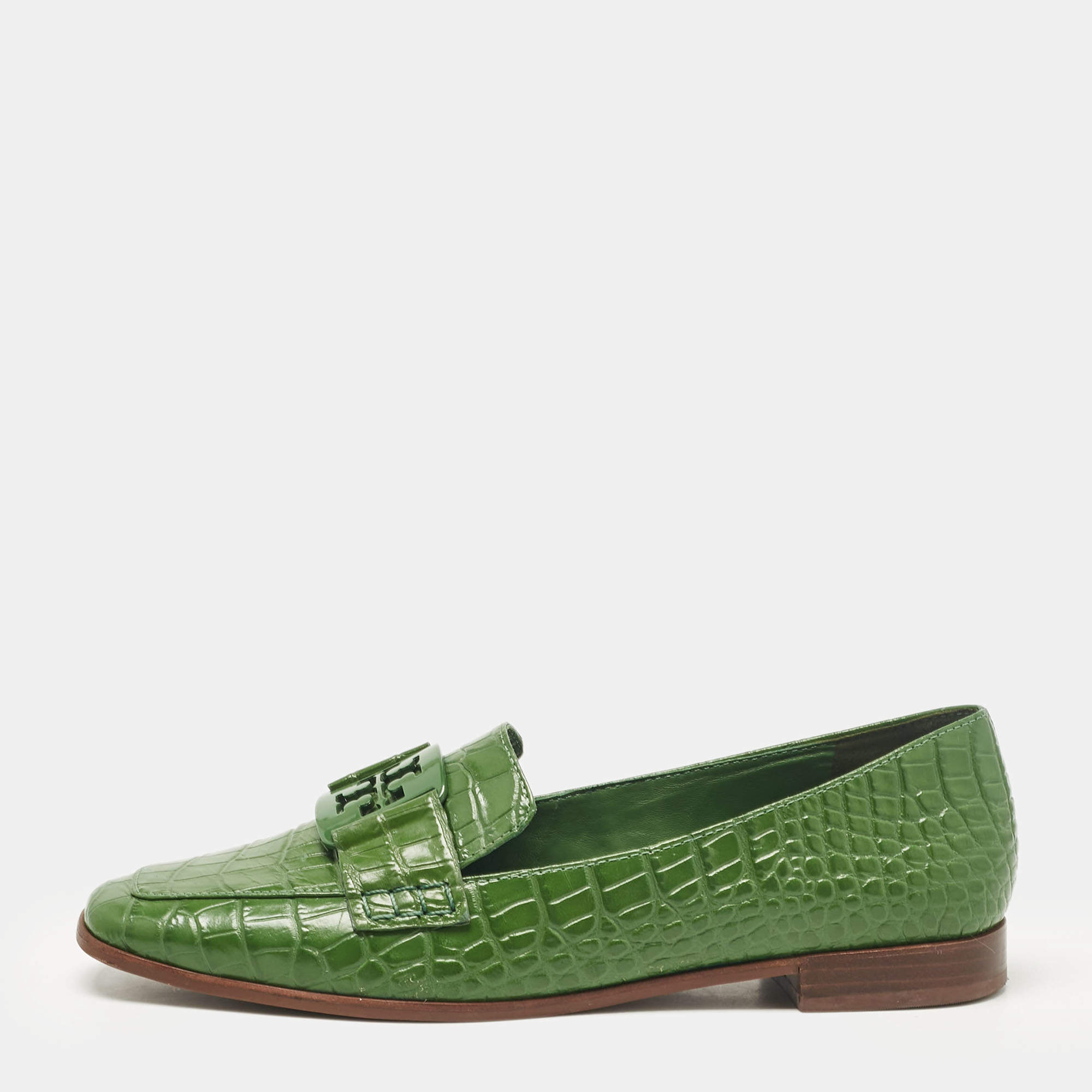 Tory Burch Green Croc Embossed Leather Georgia Loafers Size 38.5