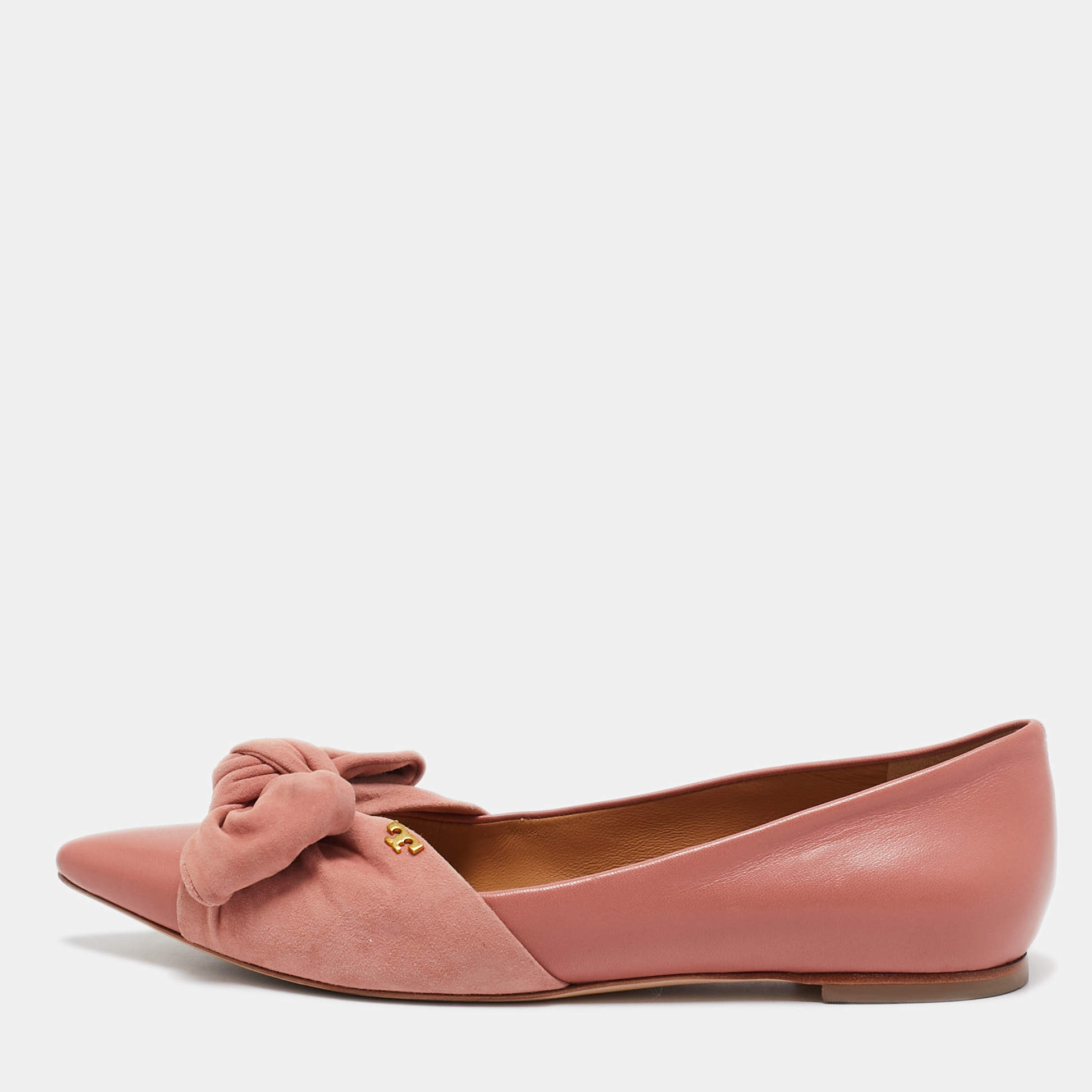 Tory Burch Pink Leather and Suede Knotted Bow Ballet Flats Size 37.5