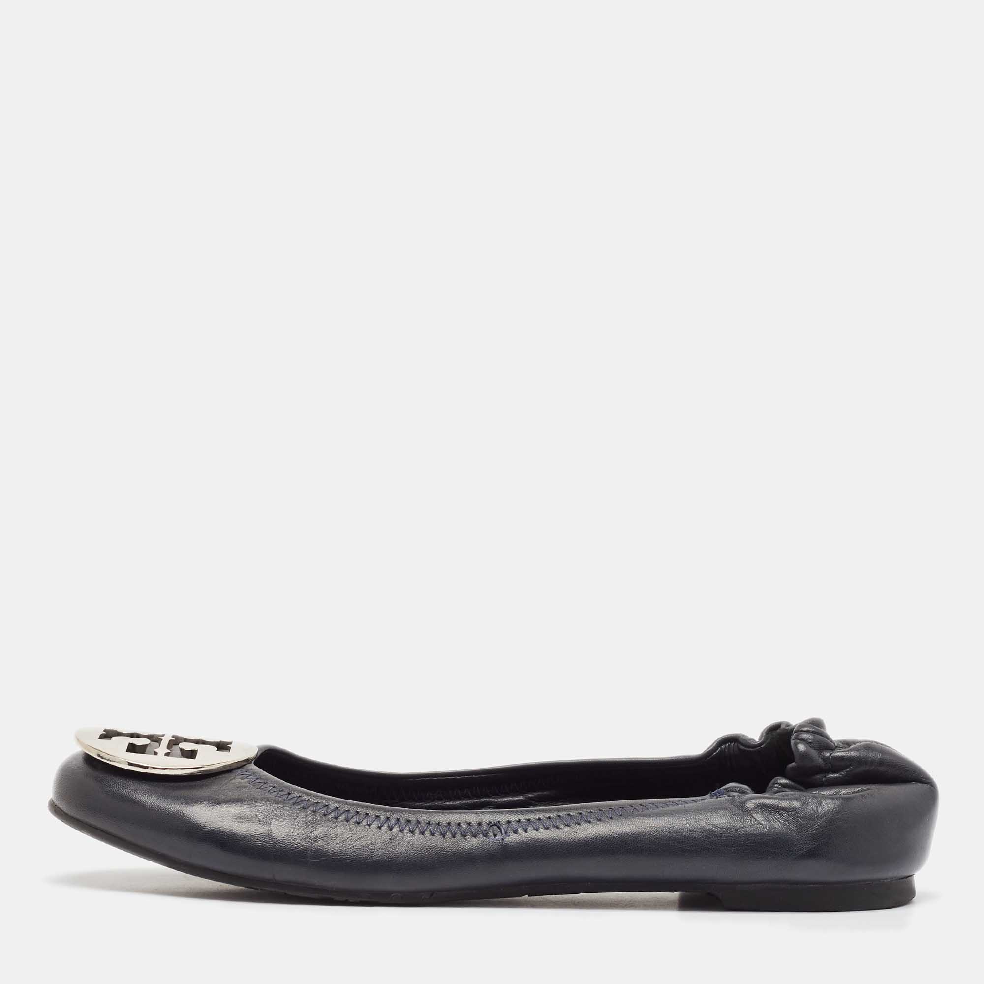 Tory Burch Navy Blue Leather Reva Ballet Flats Size 39