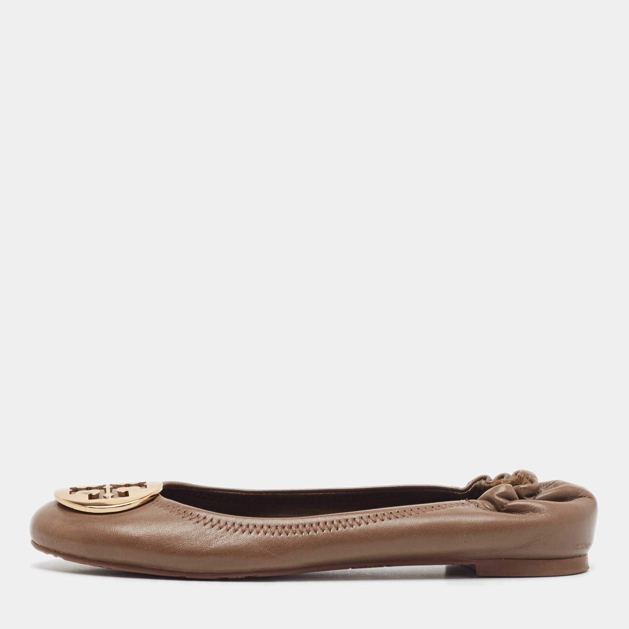 Pre Owned Tory Burch Brown Leather Reva Scrunch Ballet Flats Size 38.5