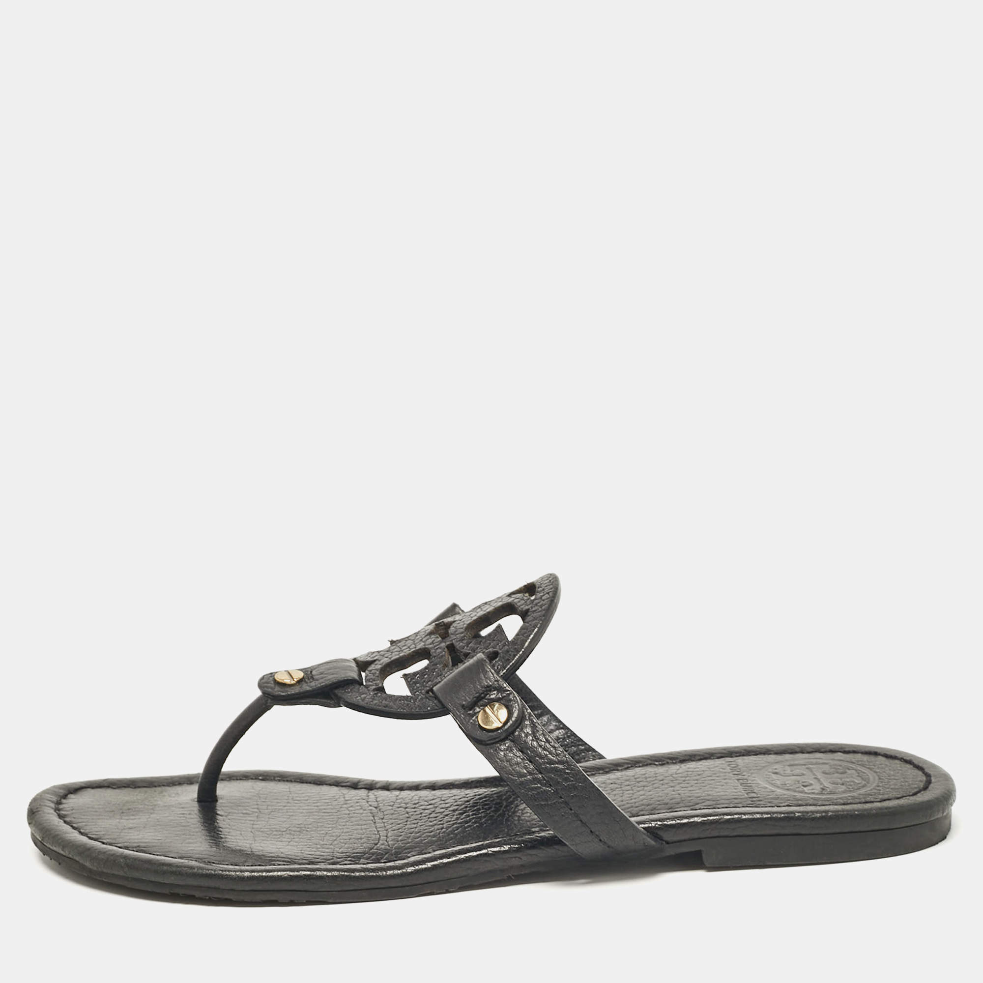 Pre Owned Tory Burch Black Leather Logo Miller Thong Flats Size 37