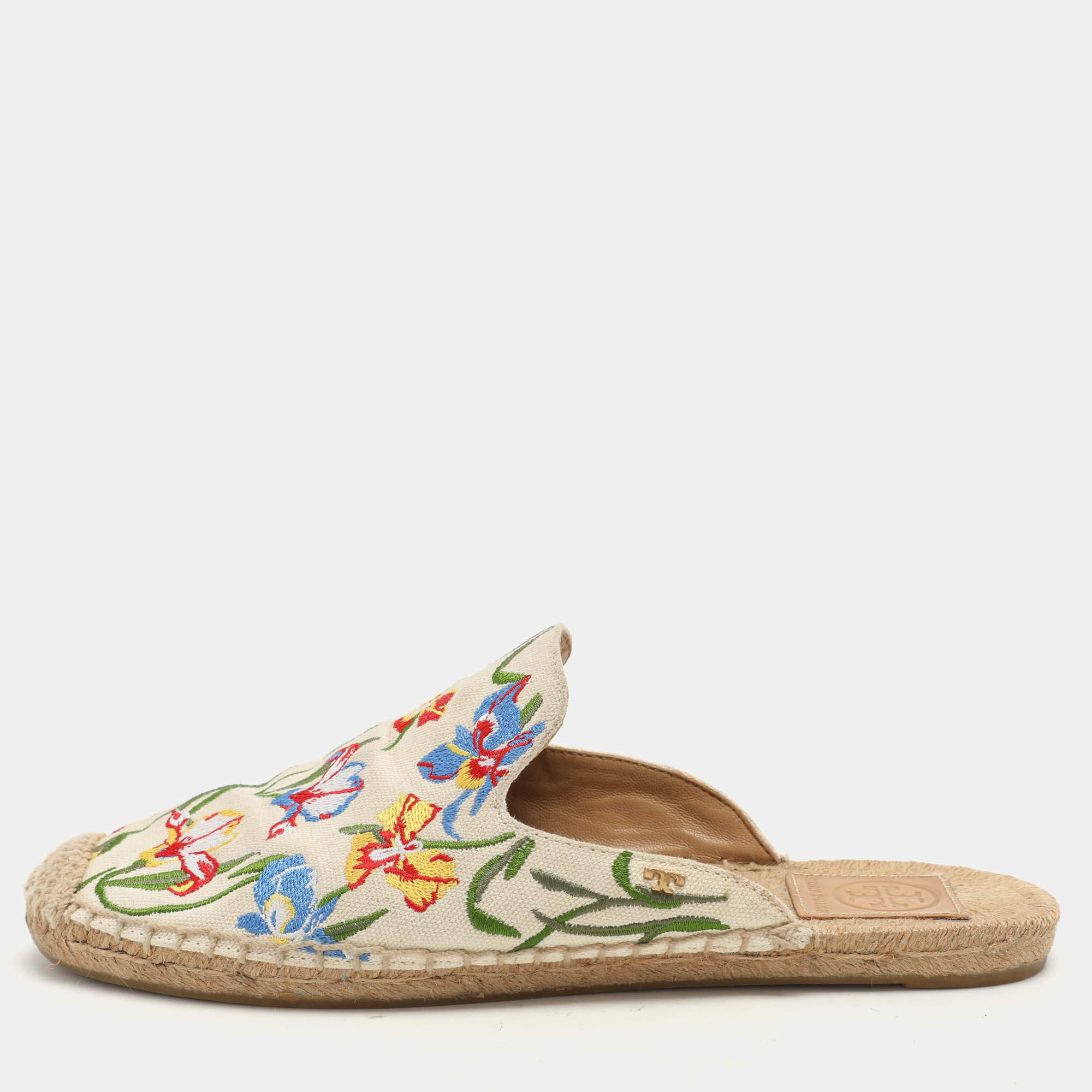 Tory Burch Multicolor Floral Embroidered Canvas Espadrille Mules Size 37.5