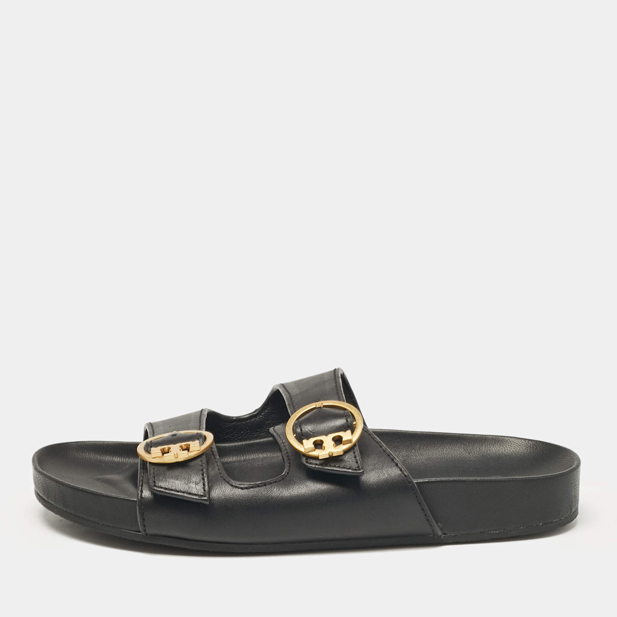 Tory Burch Black Leather Slides Size 38