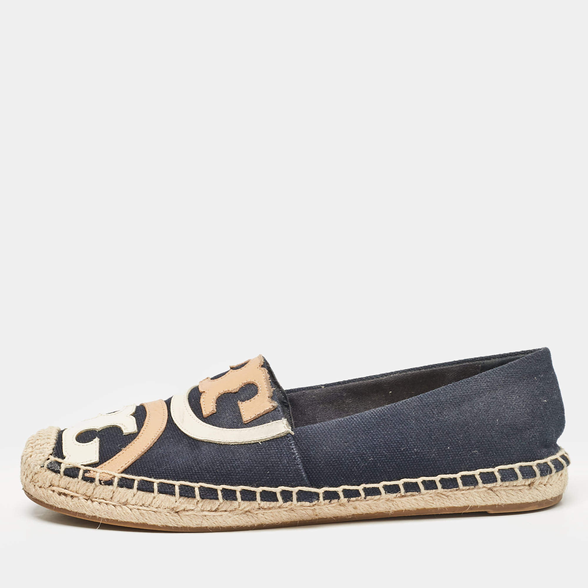 Tory Burch Navy Blue Canvas Poppy Espadrille Flats Size 36