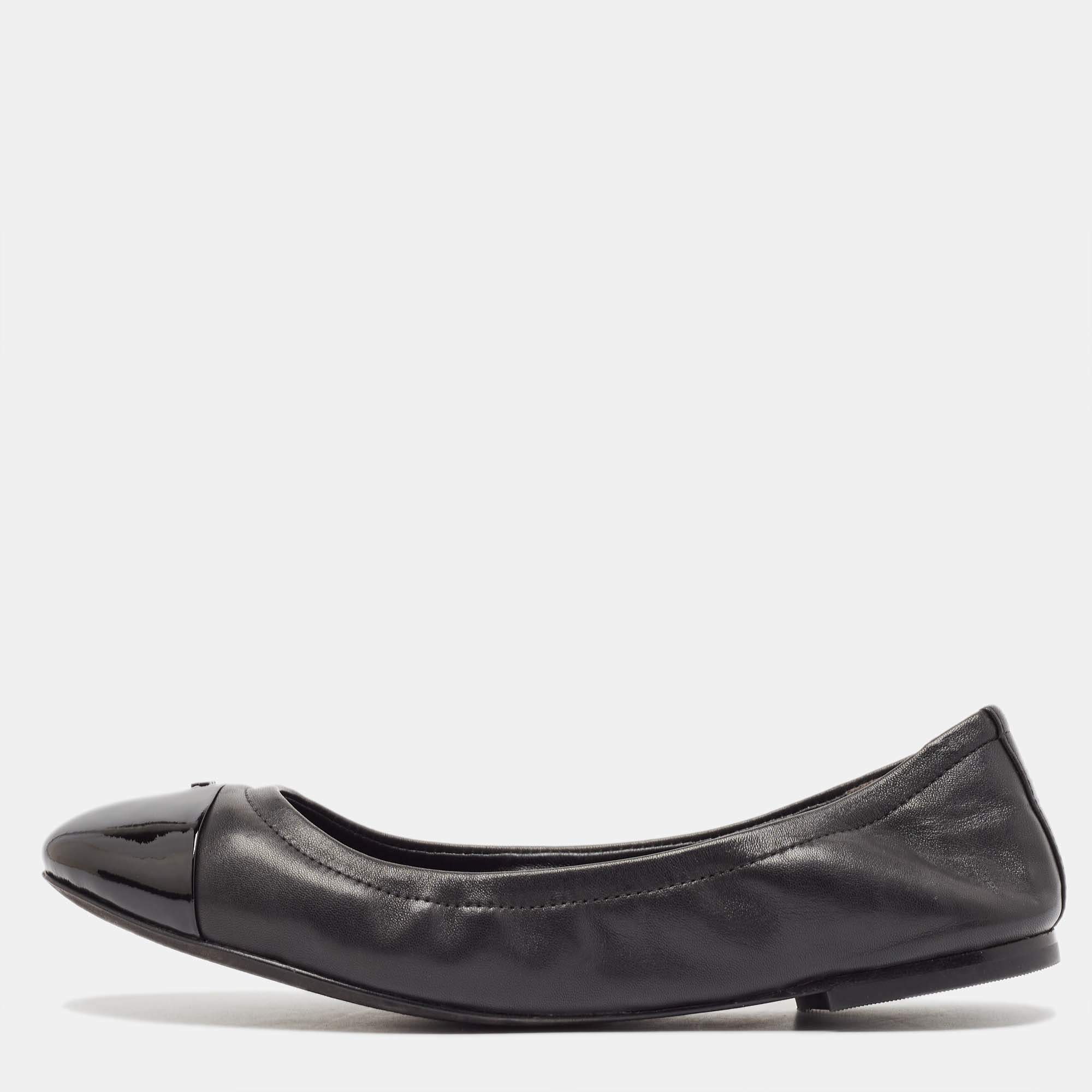 Pre Owned Tory Burch Black Patent and Leather Shelby Ballet Flats Size 38.5