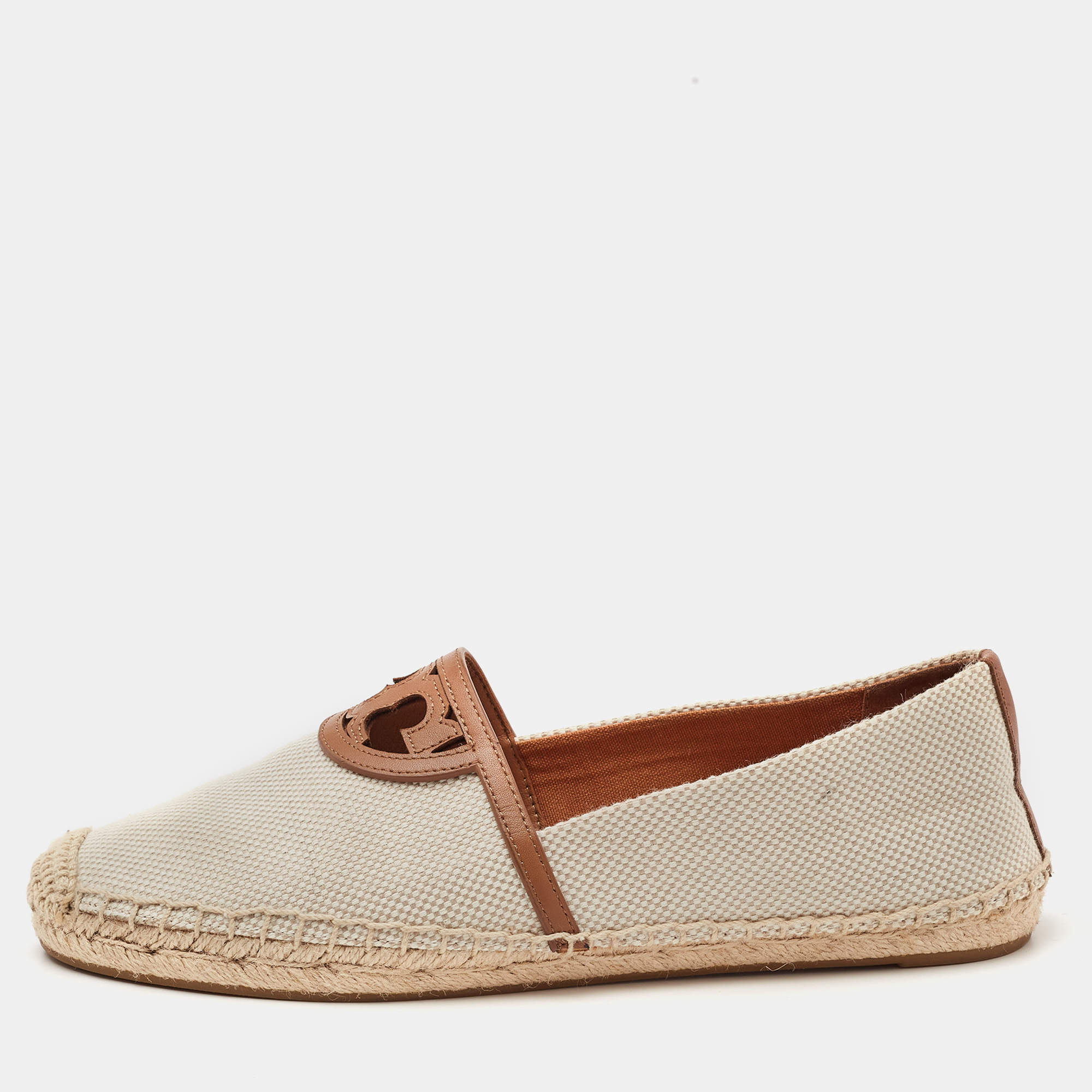 Pre Owned Tory Burch Cream/Brown Canvas Logo Flat Espadrilles Size 39.5