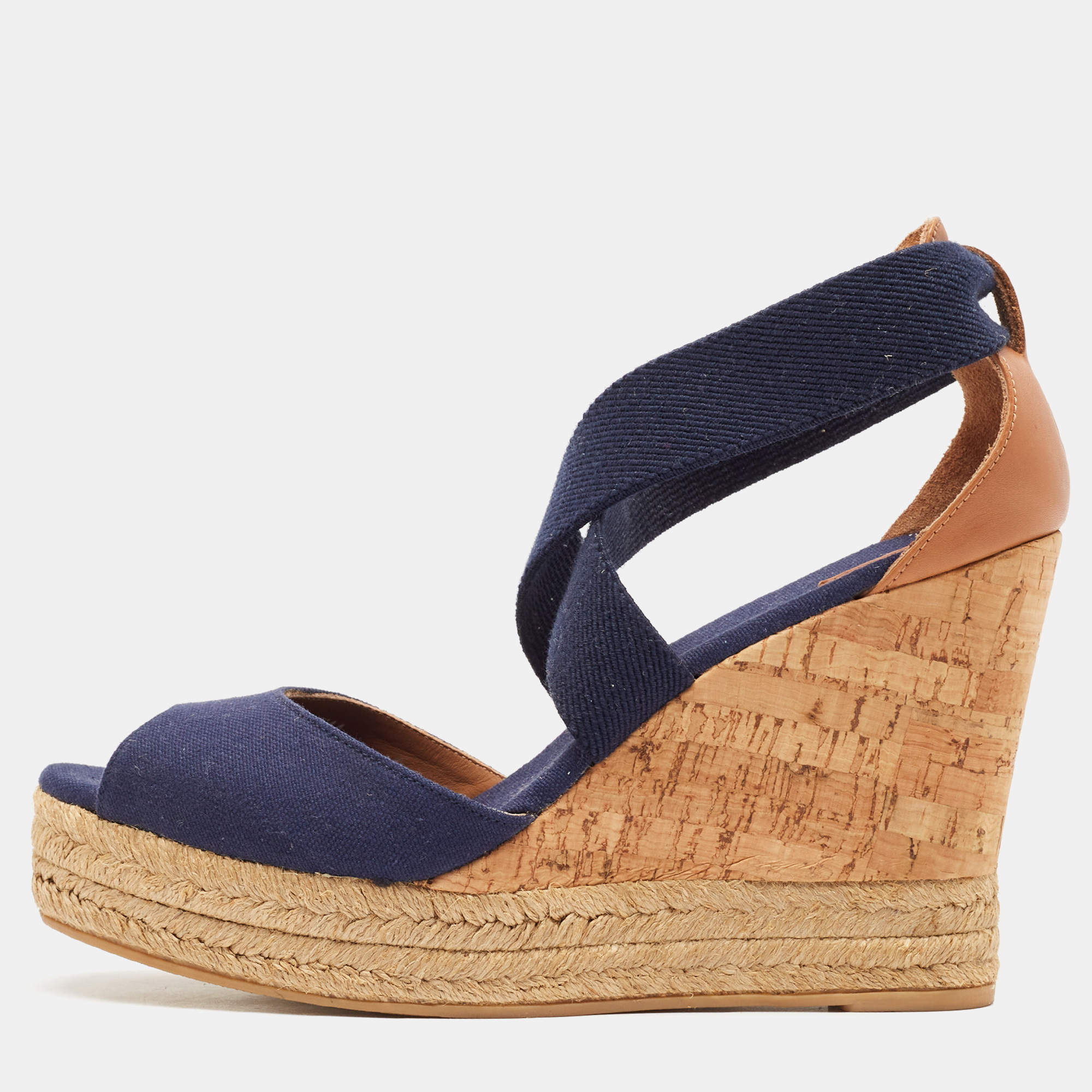 Tory Burch Navy Blue Canvas and Leather Espadrille Platform Cork Wedge Sandals Size 39