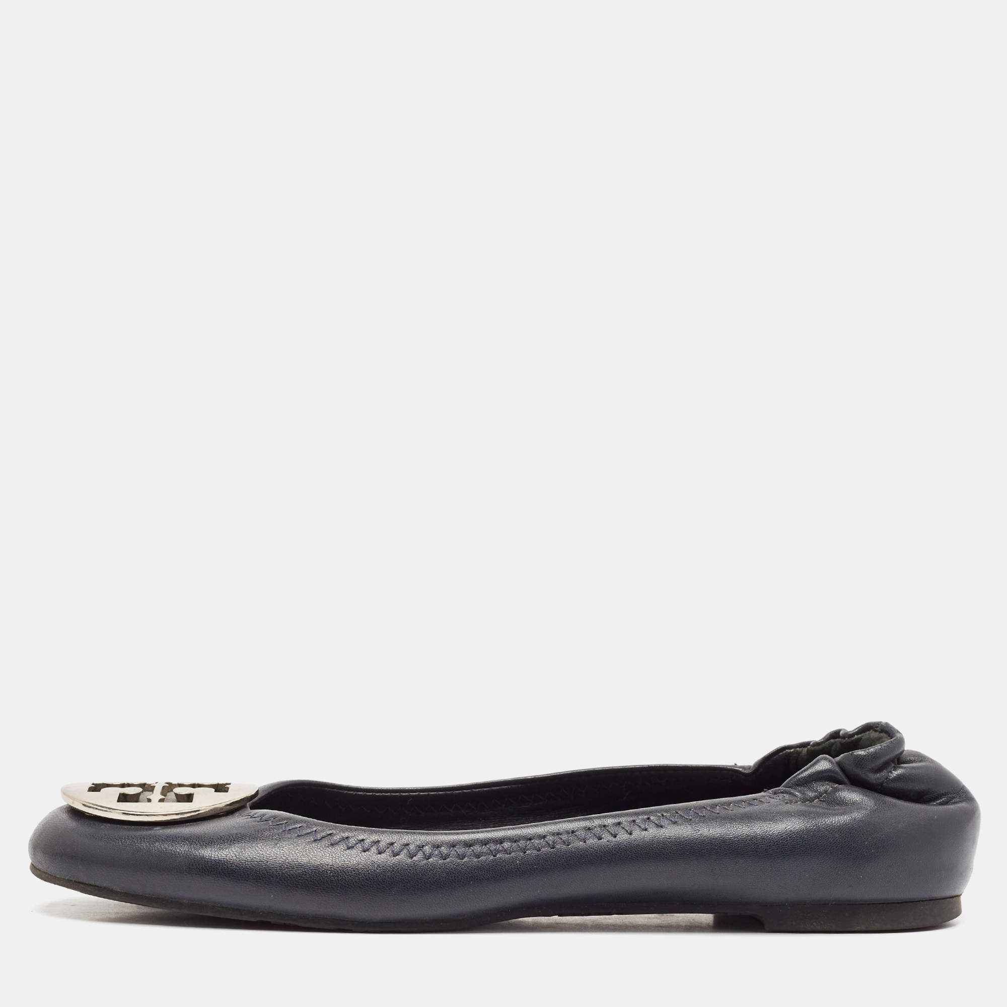 Tory Burch Black Leather Reva Logo Ballet Flats Size 39