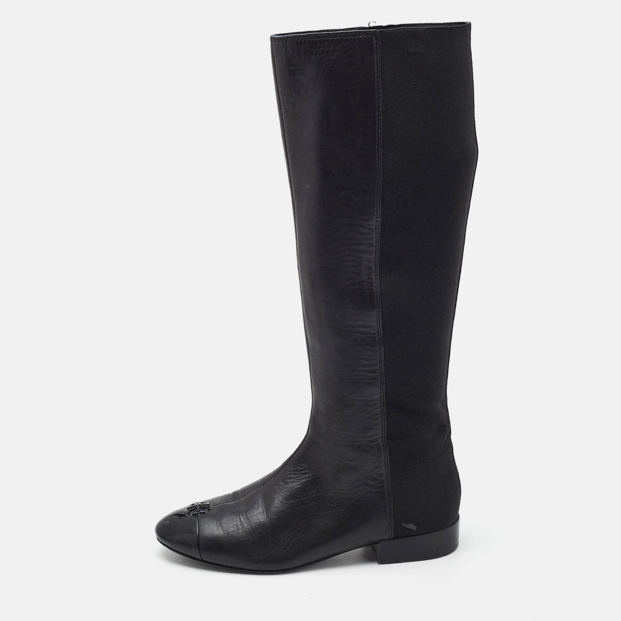 Pre Owned Tory Burch Black Leather Cap Toe Mid Calf Boots Size 39.5