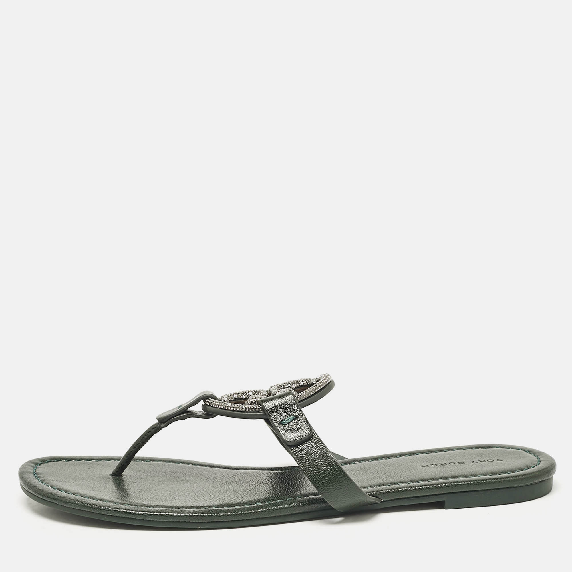 Pre Owned Tory Burch Green Leather Crystals Knotted Miller Thong Flats Size 39