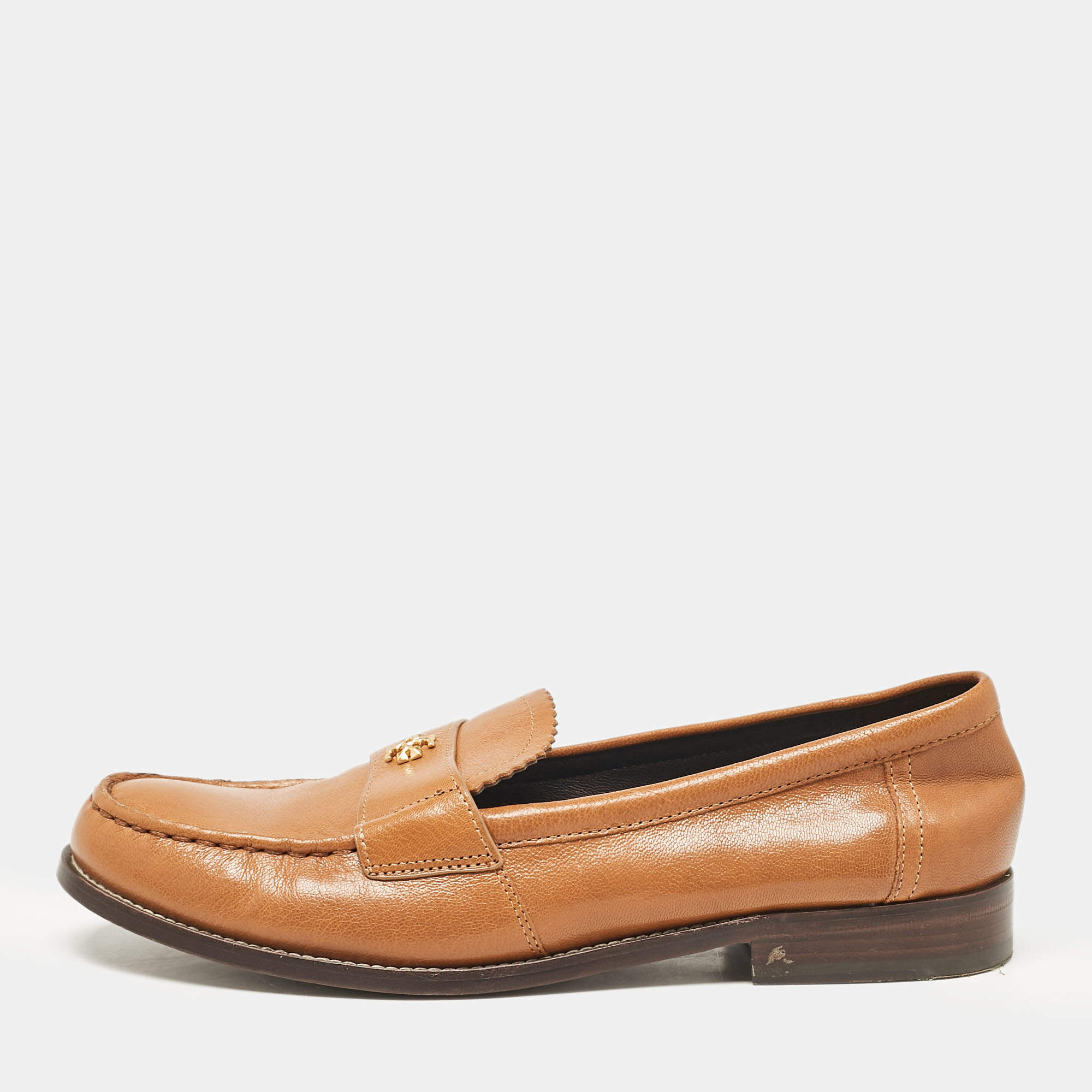 Tory Burch Brown Leather Classic Logo Plaque Loafers Size 39