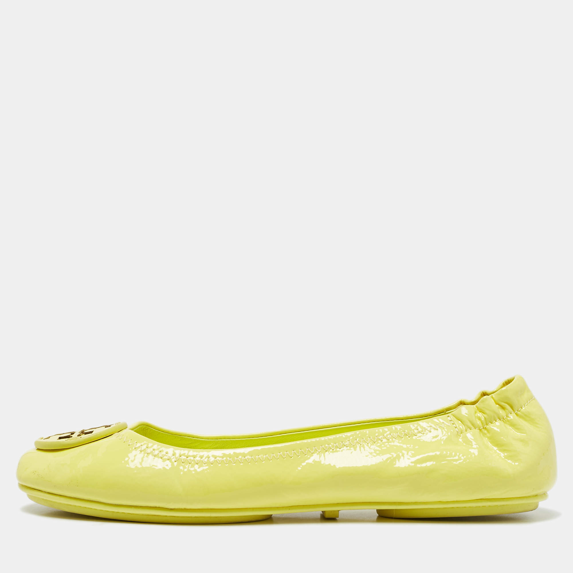 Tory Burch Neon Yellow Leather Scrunch Ballet Flats Size 38
