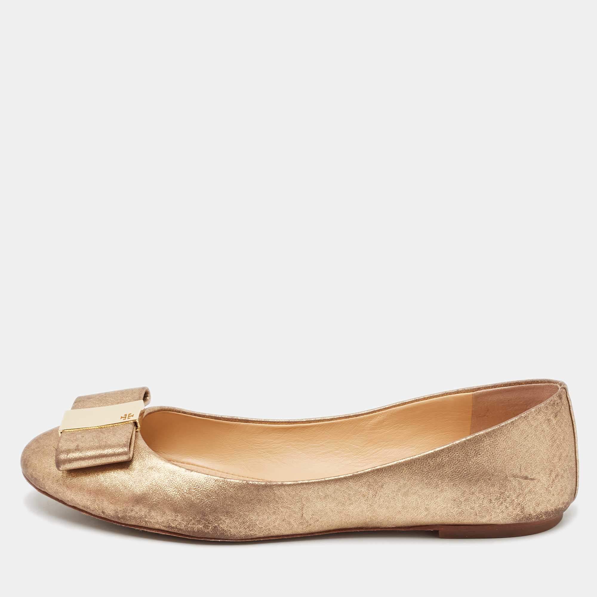 Tory Burch Gold Leather Bow Chase Ballet Flats Size 40.5